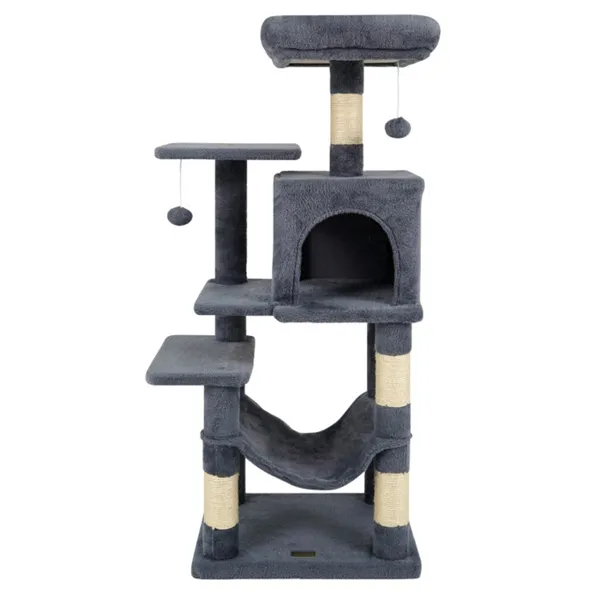 Rascador para gatos de 44" de varios niveles con amplia percha superior, condominio de 2 puertas y hamaca, para gatos de interior - Gris — imagen 4