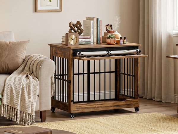 Dog Crate Furniture, Double Door Wooden Indoor Dog Kennel Furniture, Decorative Pet Cage End Table With Wheels For Large And Medium Breed Dogs, Size L, Greige — image 31