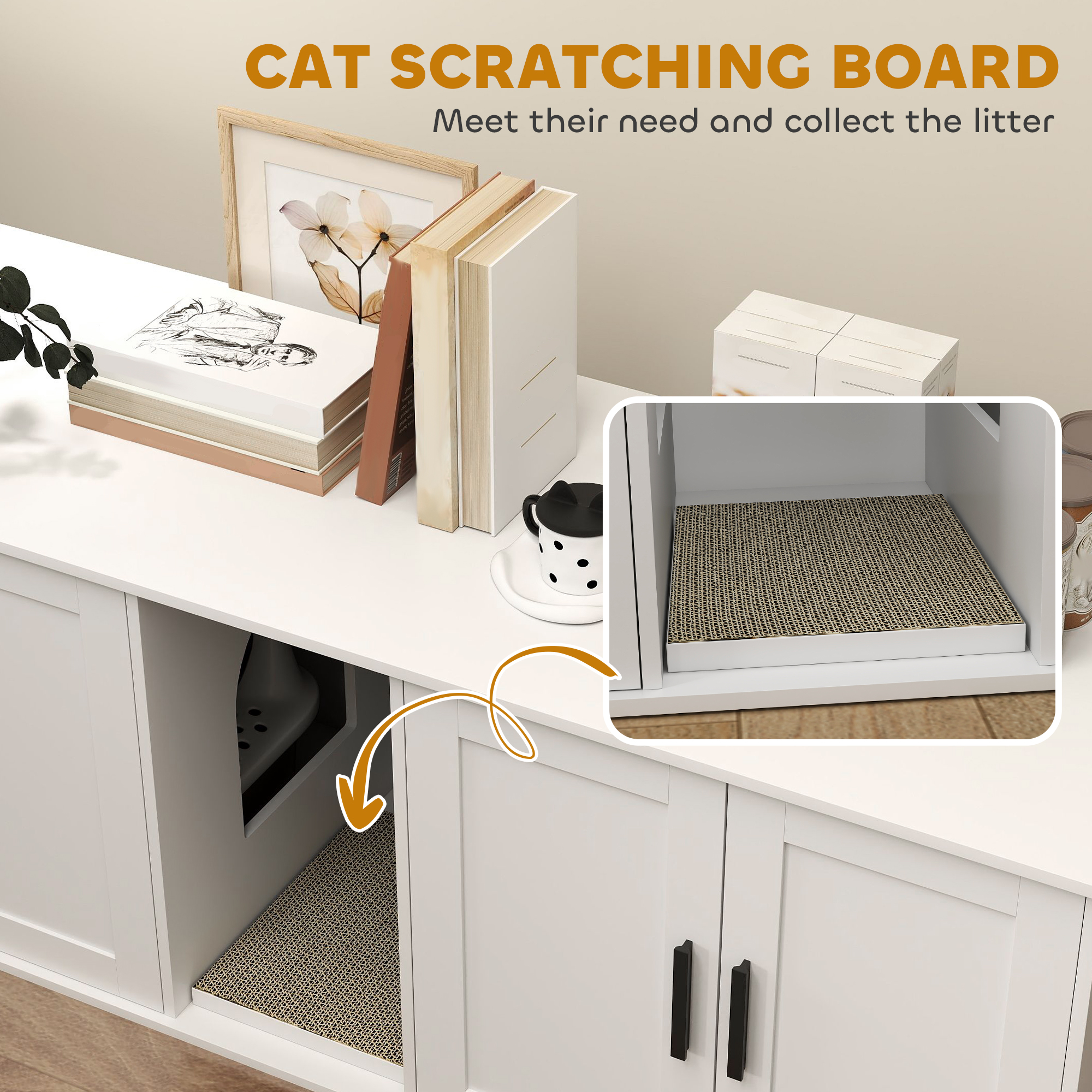 Caja de Arena para Gatos con Encierro Doble, Manta de Rastrillado para 2 Gatos, 57" x 19" x 20", Blanco — imagen 5