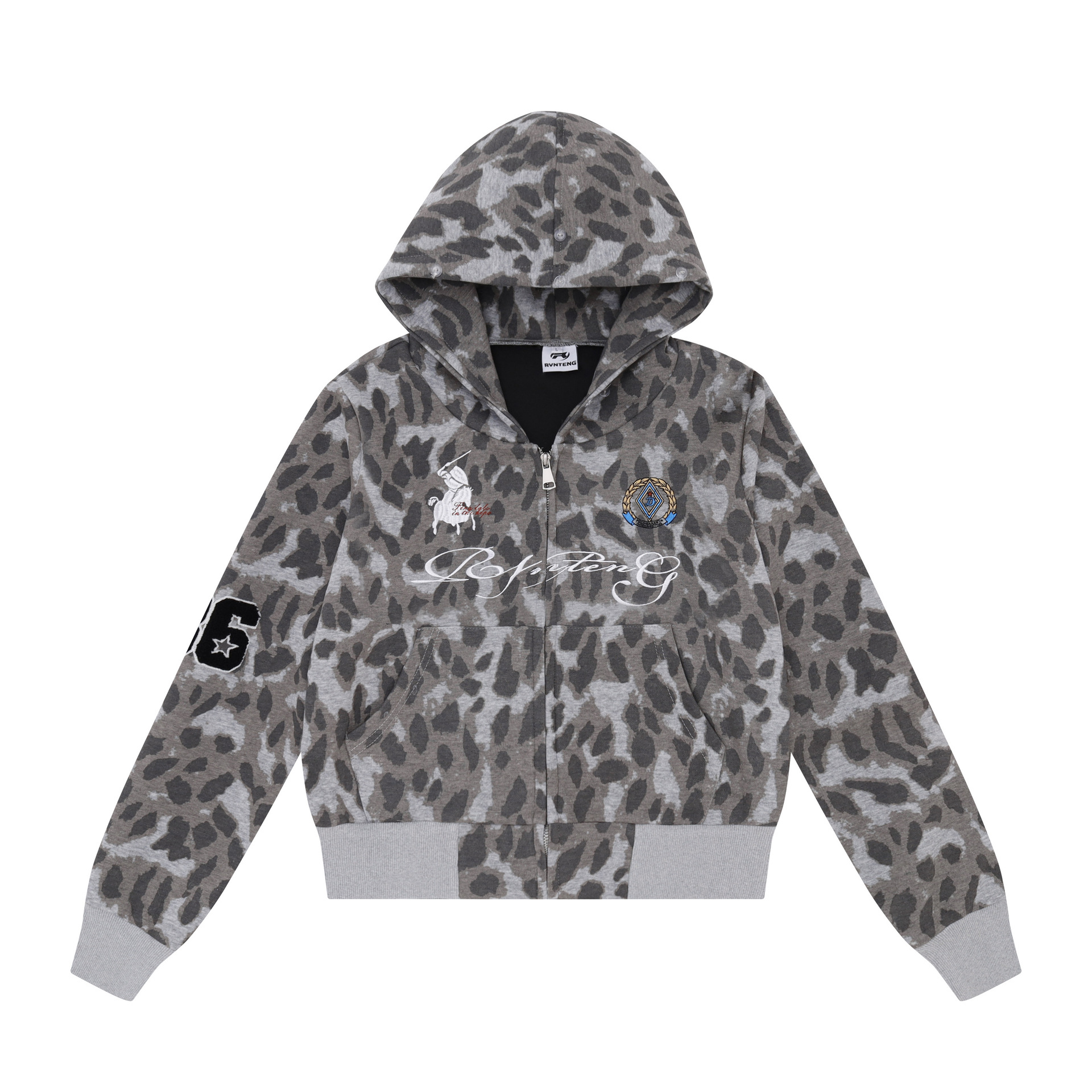 Leopard Print Zip-Up Jacket Short Hooded Coat with Detachable Fur Collar — image 3