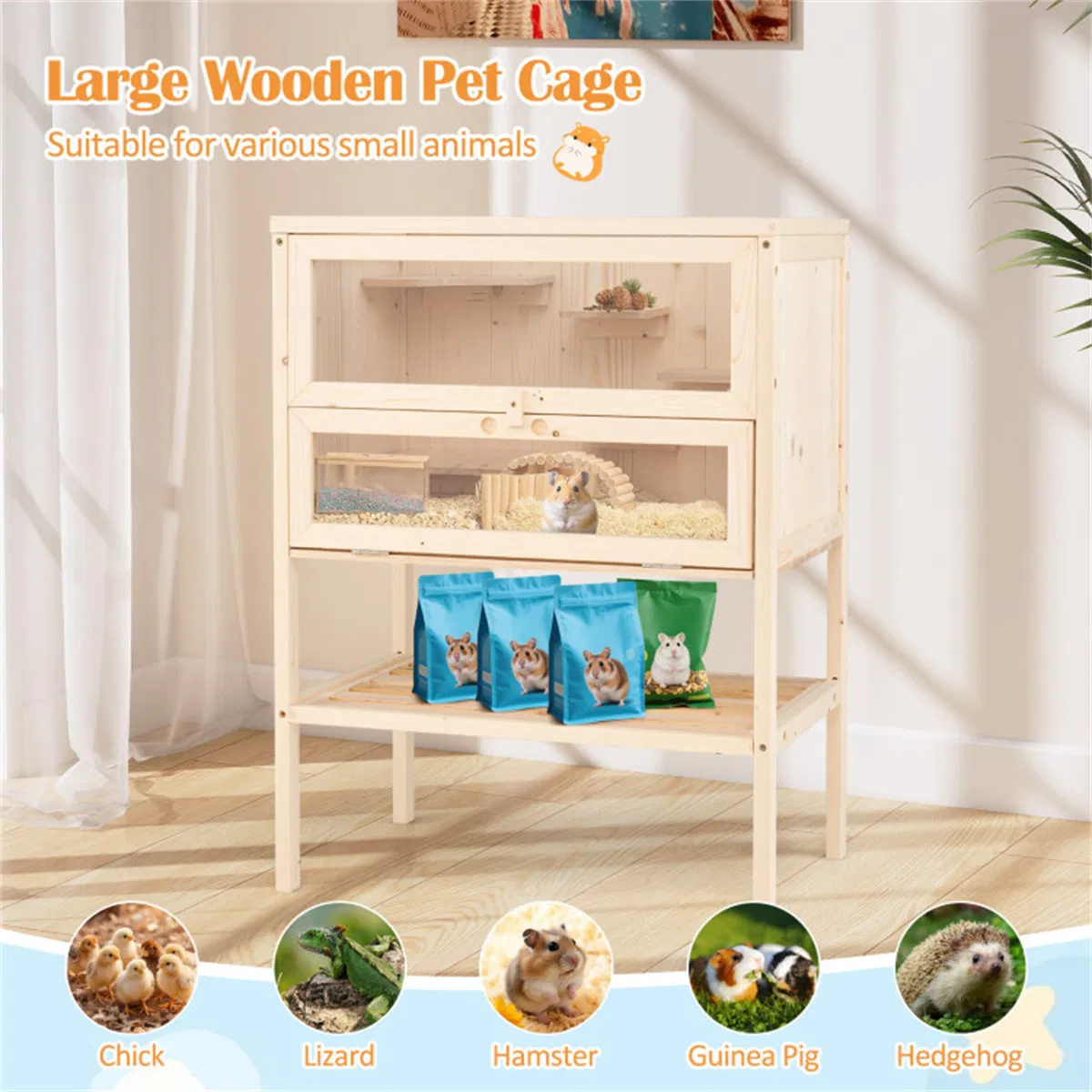 31.5 " Fir Wood Hamster Cage with Flip Mesh Roof, Multi-Level Activity Areas & Bottom Storage Shelf — image 6