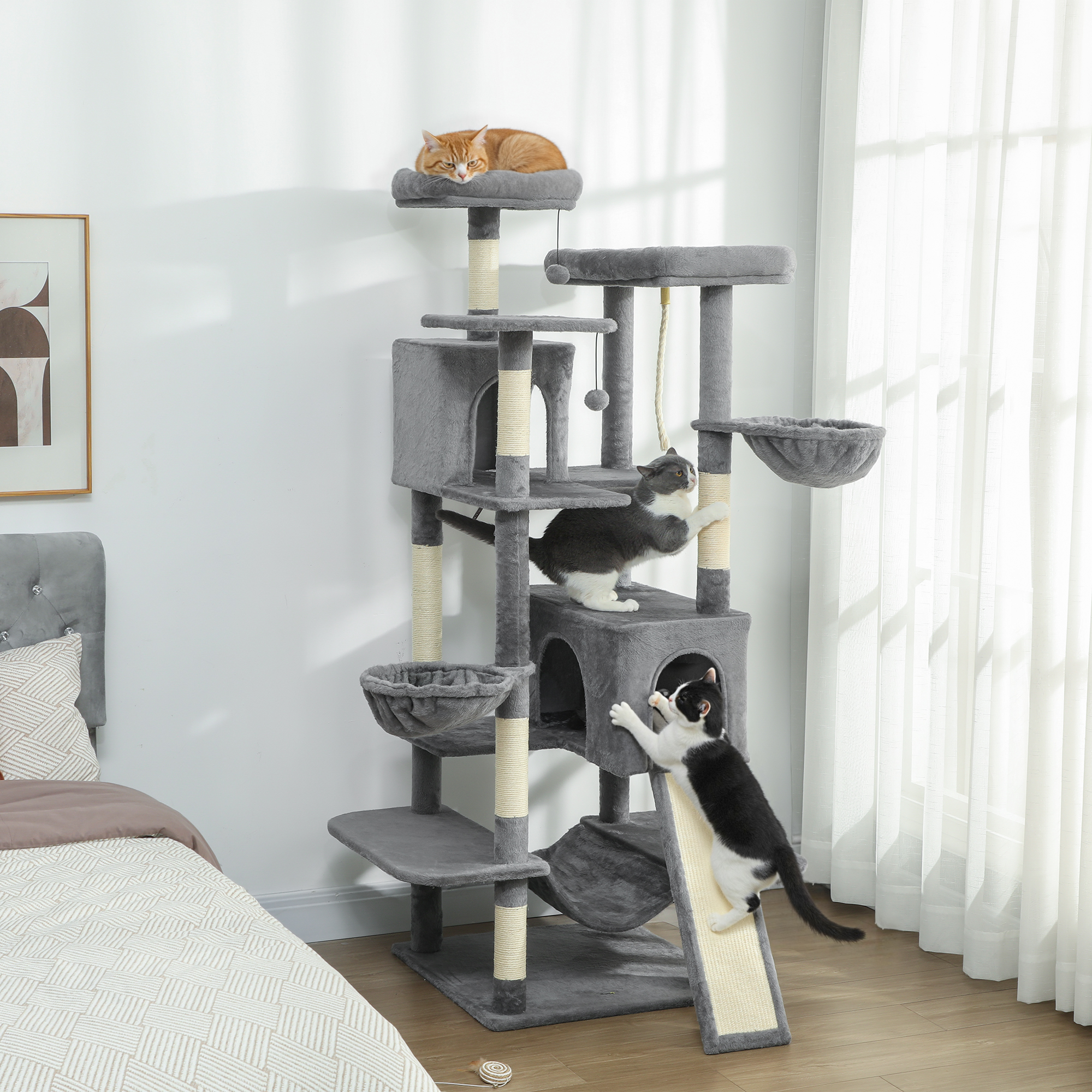 Árbol para Gatos de 69", Torre Multinivel con 2 Condominios y 3 Hamacas, 8 Postes Rascadores, para Varios Gatos, Gris Oscuro — imagen 1