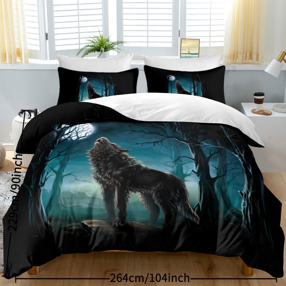 Moon Wolf Bedding Green Watercolor Forest Wolf Landscape Duvet Cover Sets 3 Pieces Wild Animal Bedding Set Twin Full Queen King Size — image 3