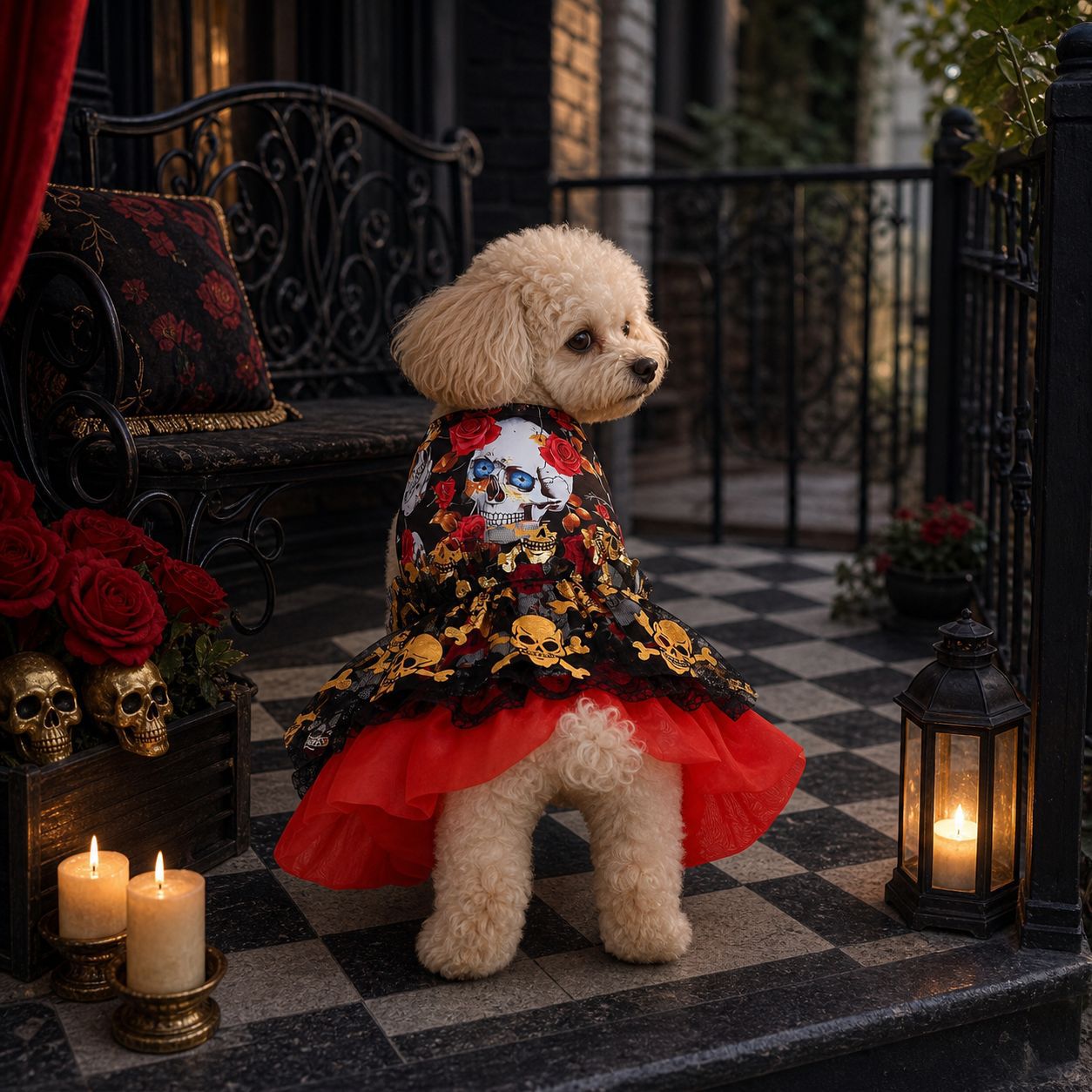 Ropa de Halloween para Mascotas de Otoño e Invierno, Vestido de Princesa de Organza con Calaveras Doradas para Teddy, Bichón y Maltés — imagen 2