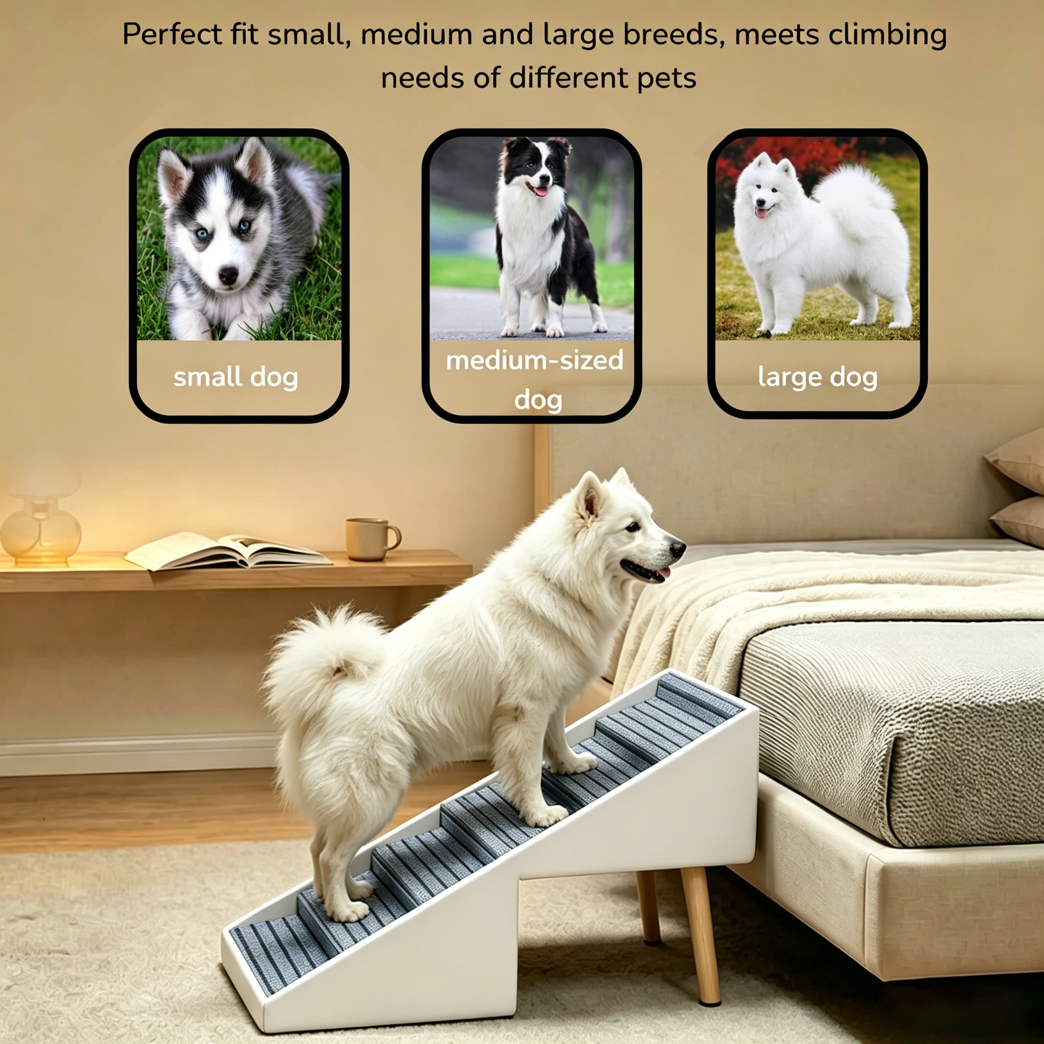 Escalera para Perros 2 en 1 para Cama y Sofá, 25.2" Rampa Plegable para Perros con 6 Escalones y Otomana para Perros Pequeños y Grandes, Beige — imagen 18