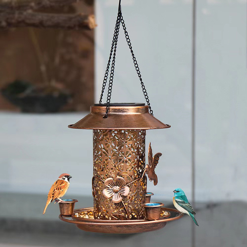 Outdoor solar powered lamp metal hanging bird feeder feeding and watering dual-purpose bird feeder decorative lamp — image 6