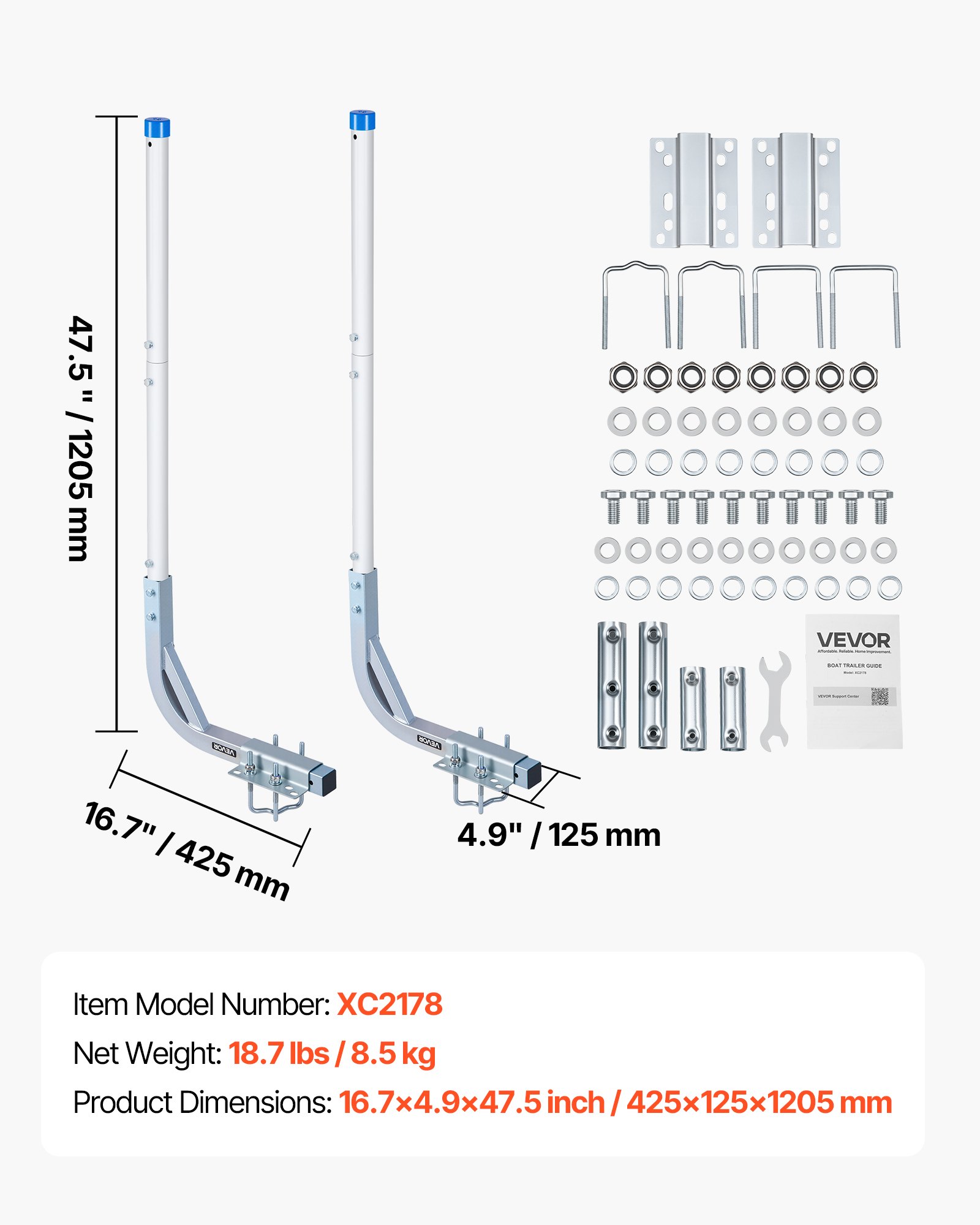 Boat Trailer Guides, 30.5 In/47.5 In Height Guide Poles, 2PCS High-Hardness Steel Trailer Guide-Ons, Adjustable Guide Poles With PVC Pipes, For Ski Boats, Compact Fishing Boats, Small Sailboat — imagen 1