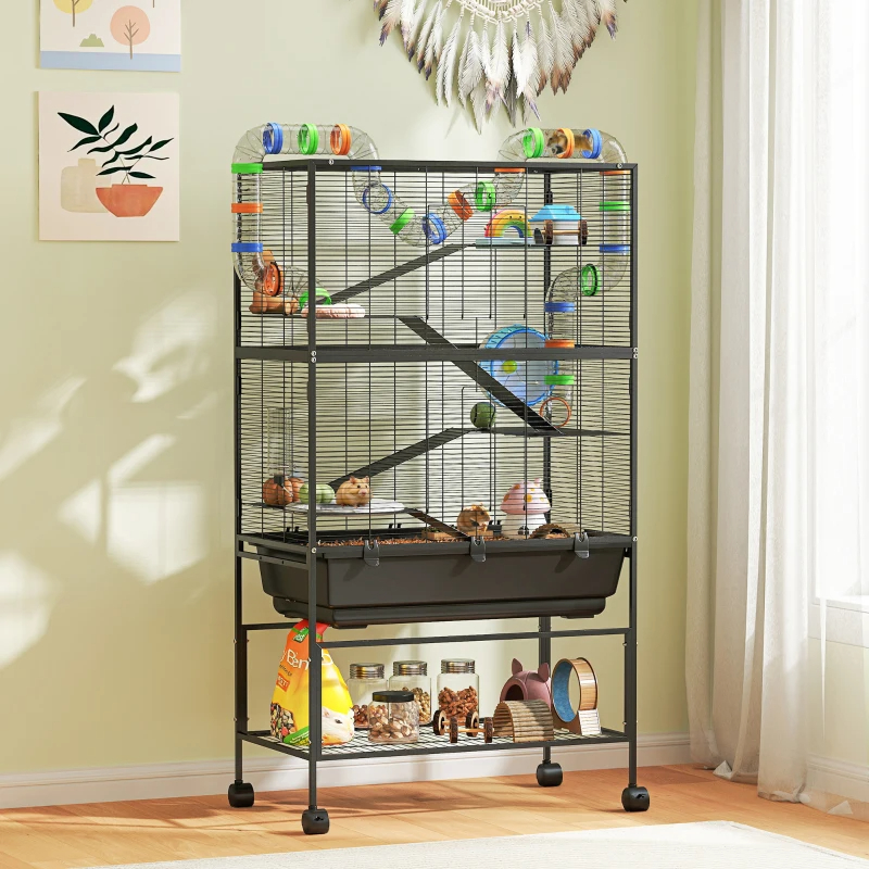 PawHut 5 Tier Hamster Cage, Rolling Rat Cage With Deep Tray, Storage Shelf, Big Exercise Wheel, Hut, Tube System — image 1