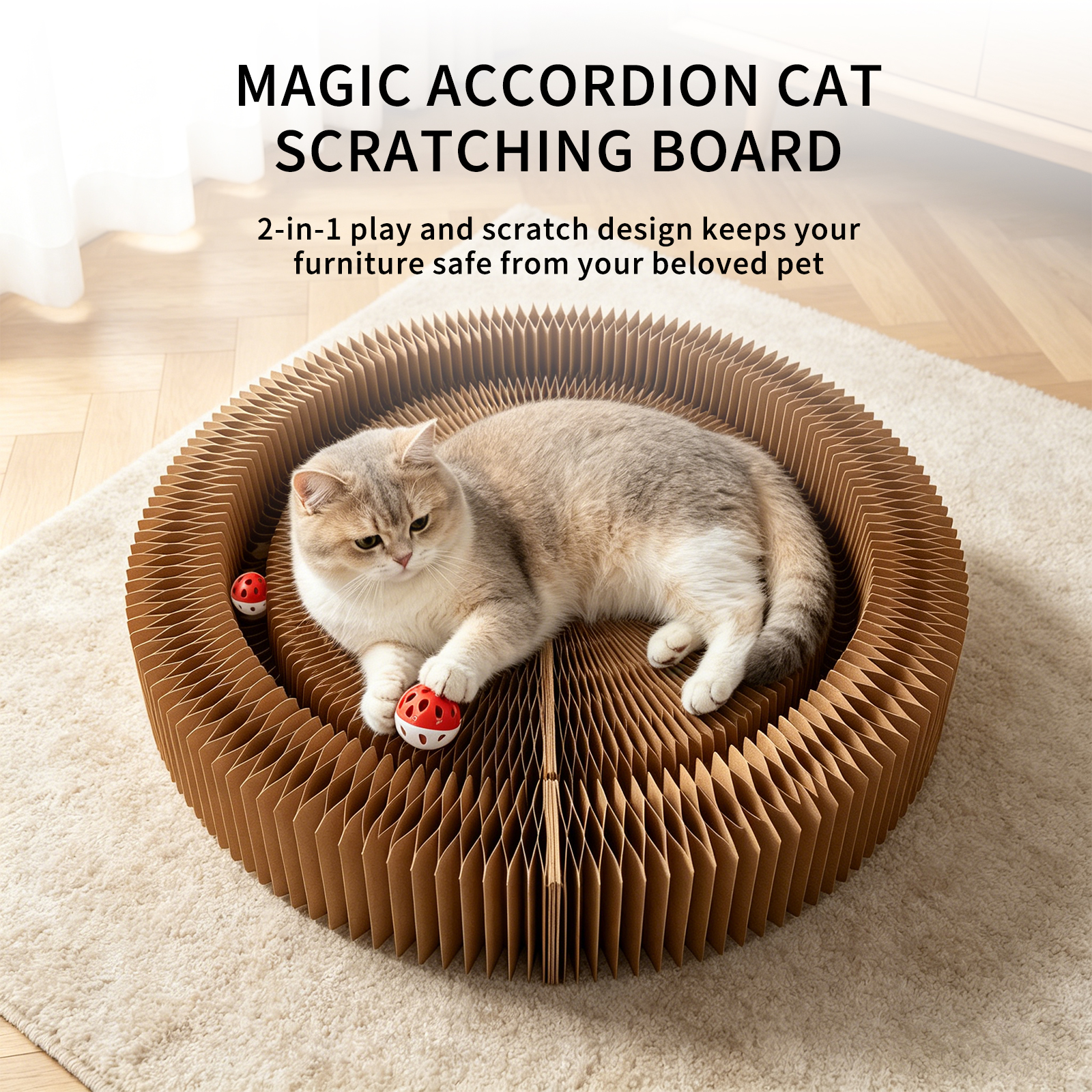 Multi-form Foldable Magic Organ Cat Scratcher Corrugated Cardboard Scratch Board Interactive Cat Toy With Rolling Bell Ball Indoor Kitten Grinding Claw Furniture — image 4