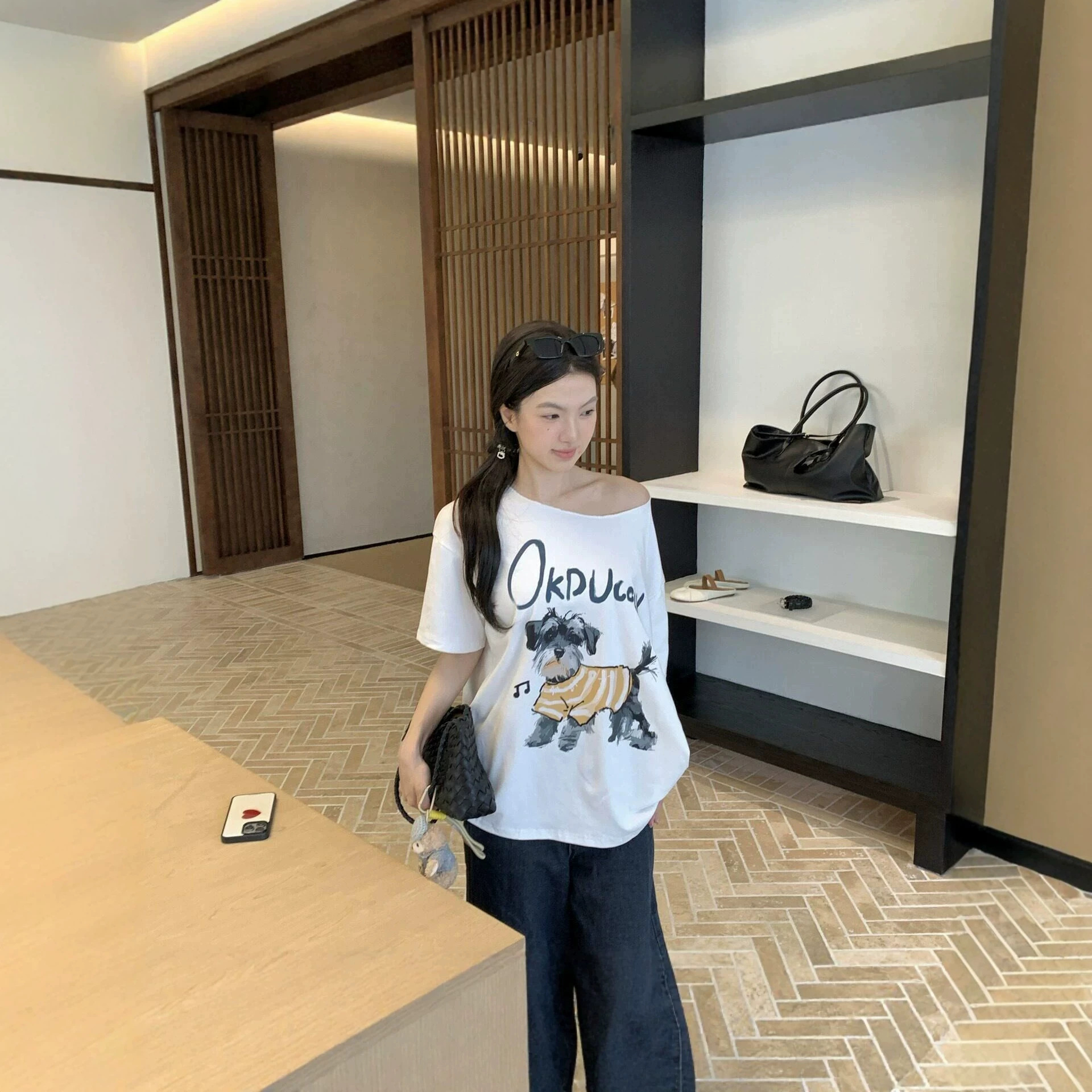 Cute Dog Print Asymmetrical Shoulder Short Sleeve T-Shirt — image 5