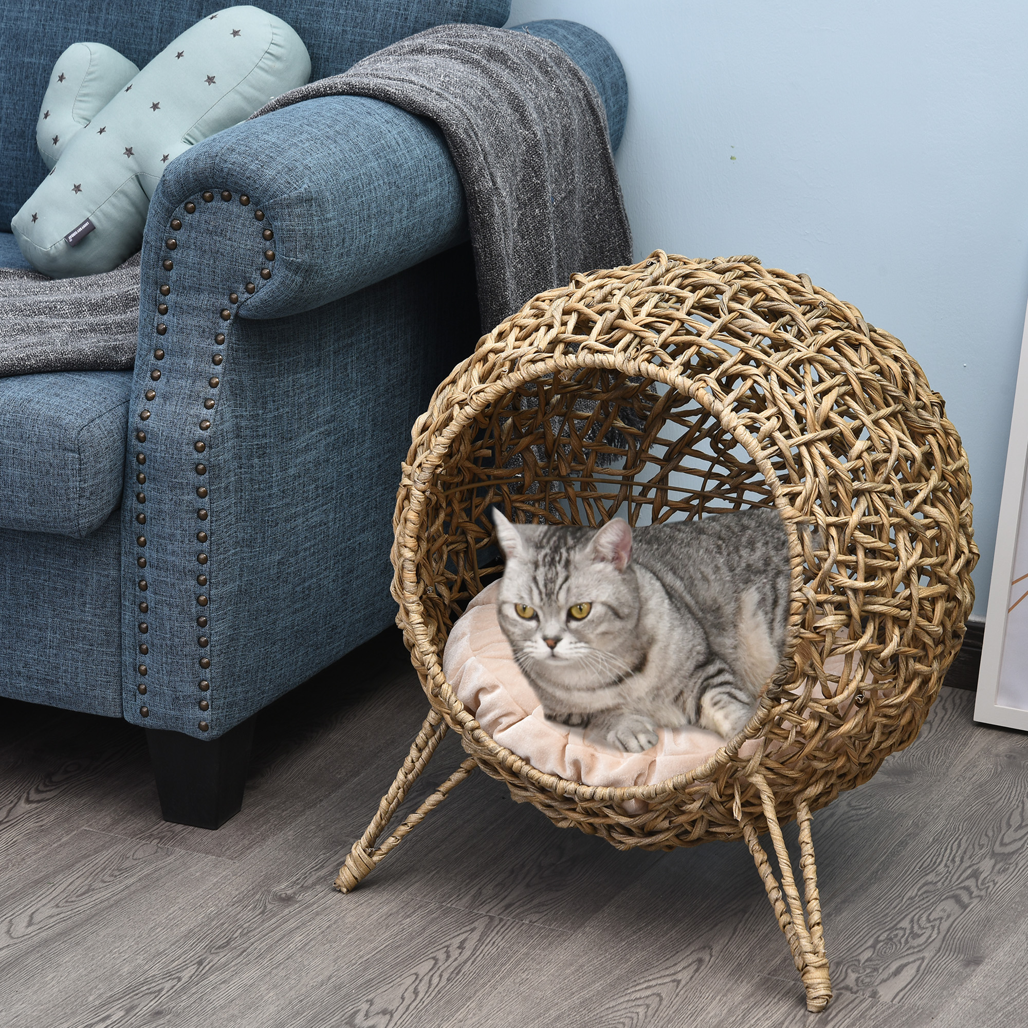Cama para Gatos Tejida de 20.5", Casa para Gatitos Tejida a Mano con Hoja de Banano Trenzada, con Cojín, Natural — imagen 5