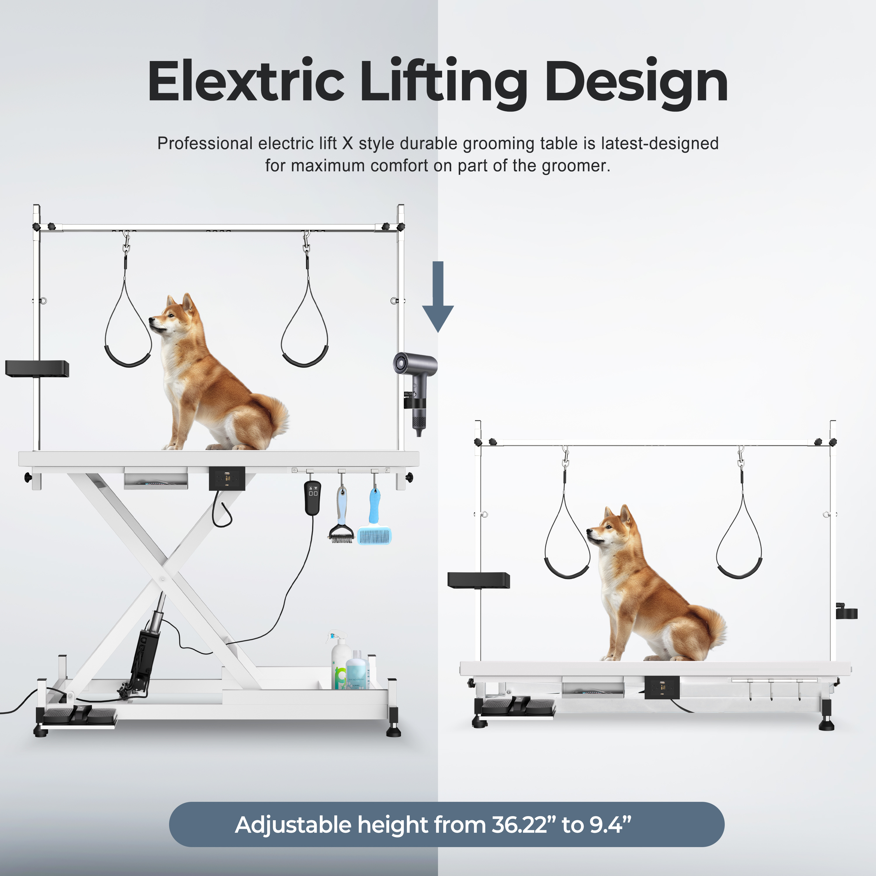 Mesa de Aseo Eléctrica para Mascotas Actualizada, 110V/220V Profesional Recomendada Super Deluxe con Ajuste de Altura desde 20 cm hasta 91 cm, COLOR BLANCO — imagen 5