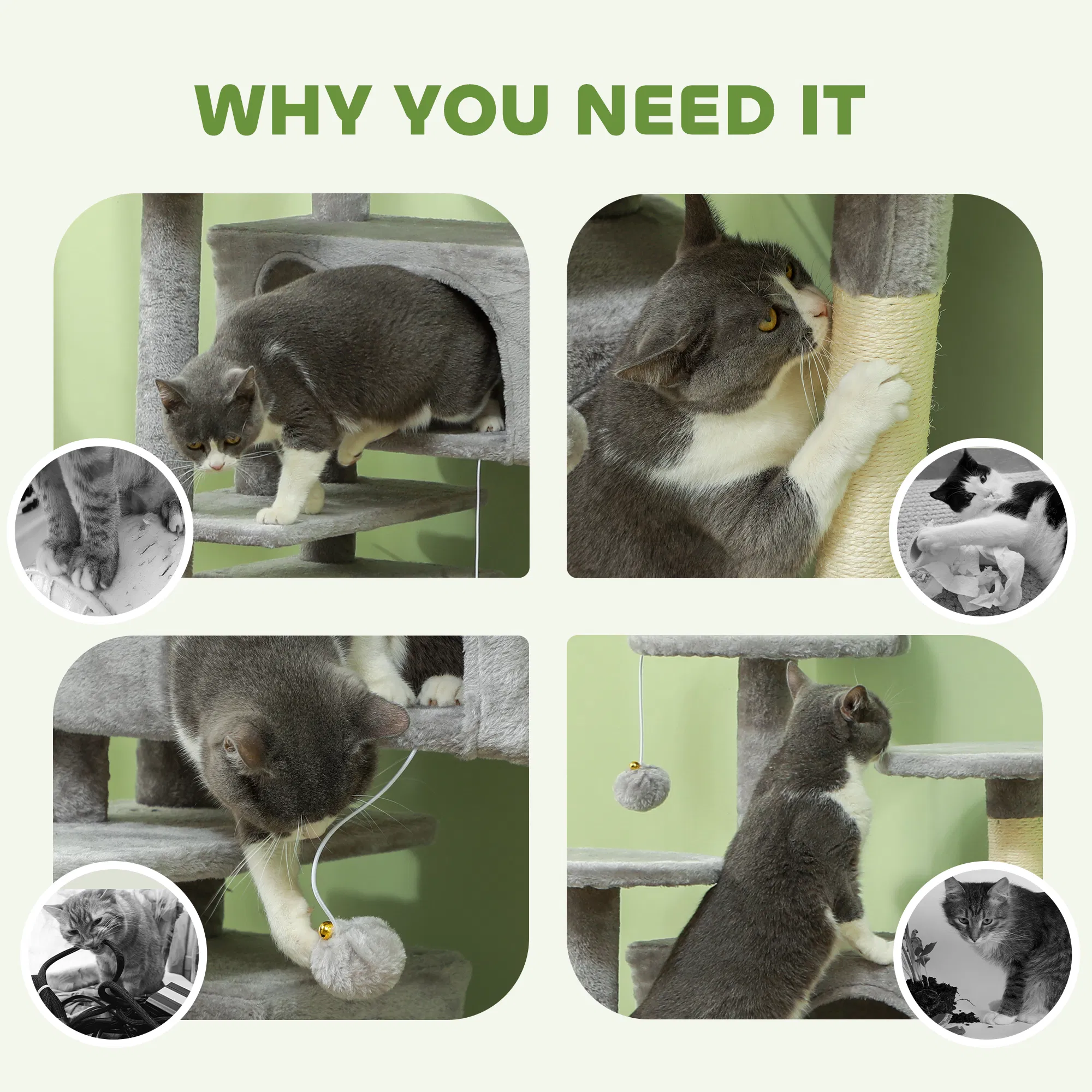 54" Cat Tree, Multi-Level Cat Tower with Scratching Posts, Cat Condos, Bed, Platforms, Ramp, Toy Ball, Light Grey — image 2