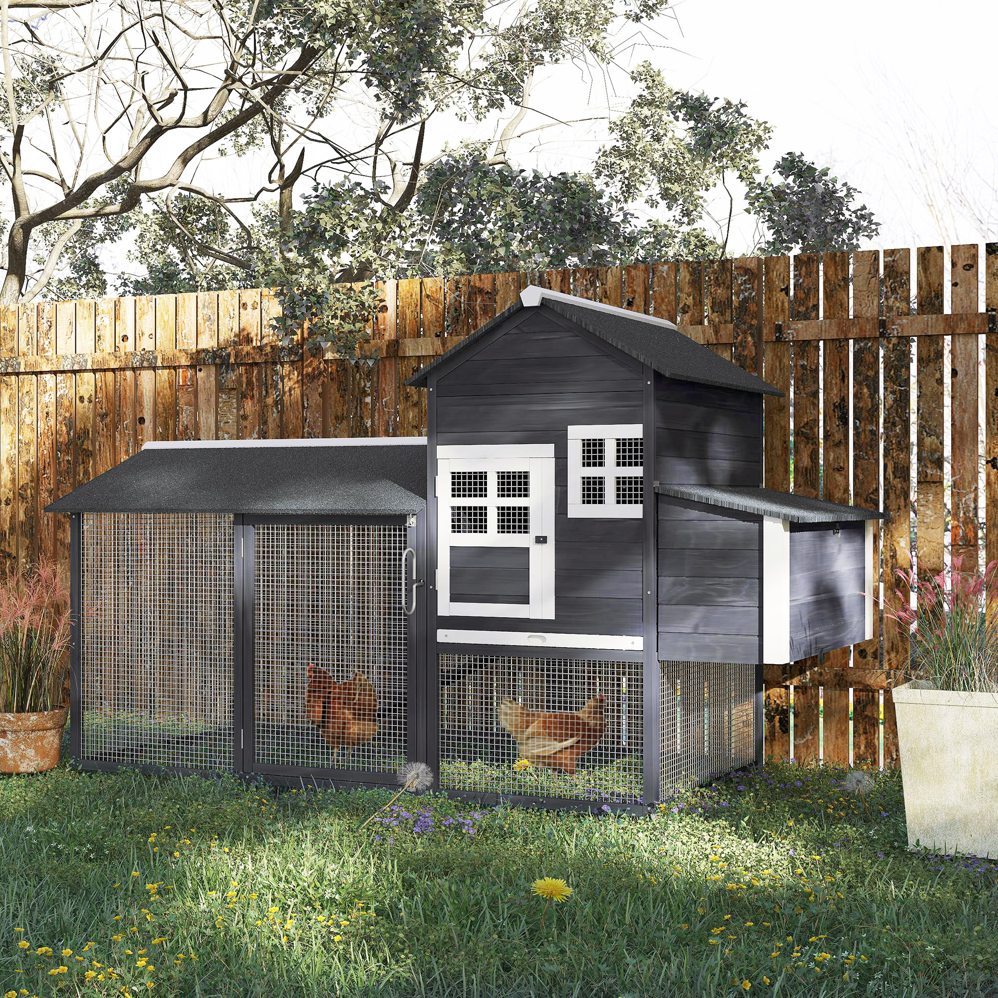 84" Wooden Chicken Coop, Hen House Outdoor with Run Nesting Box, Asphalt Roof, Removable Tray, Ramp, Poultry Cage for 2-3 Chickens, Gray — imagen 5