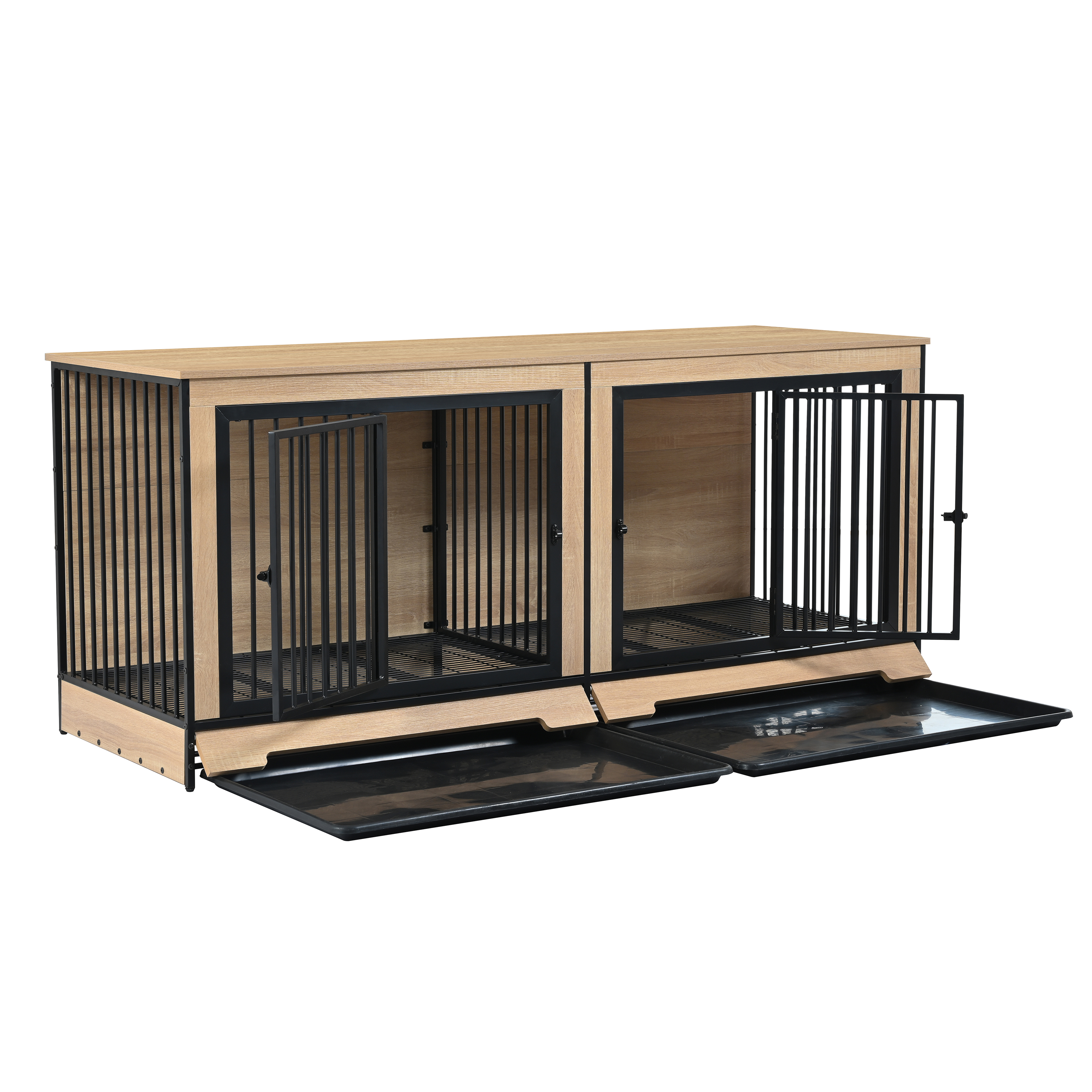 Dog Crate Furniture With Two Combined Room, XL Large Double Dog Cage Furniture With Tray For Medium Large Dogs, Wooden Dog Kennel Furniture — image 3