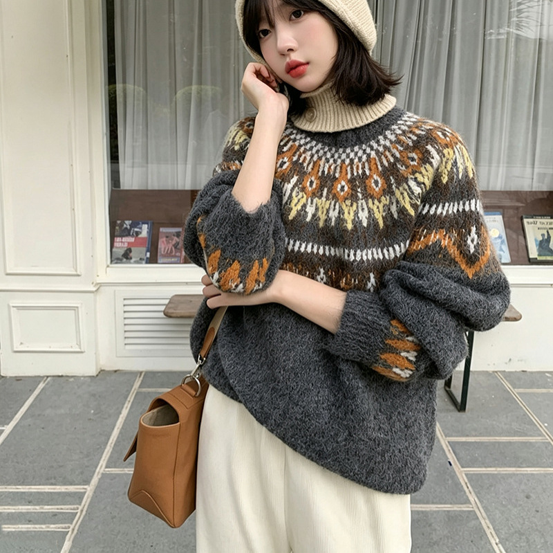 Vintage Fair Isle Faux Alpaca Wool Crew Neck Pullover Sweater Relaxed Fit — image 5