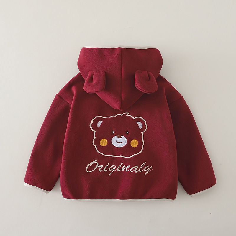Kids Autumn Winter Fleece-Lined Bear Print Hoodie Top — image 6