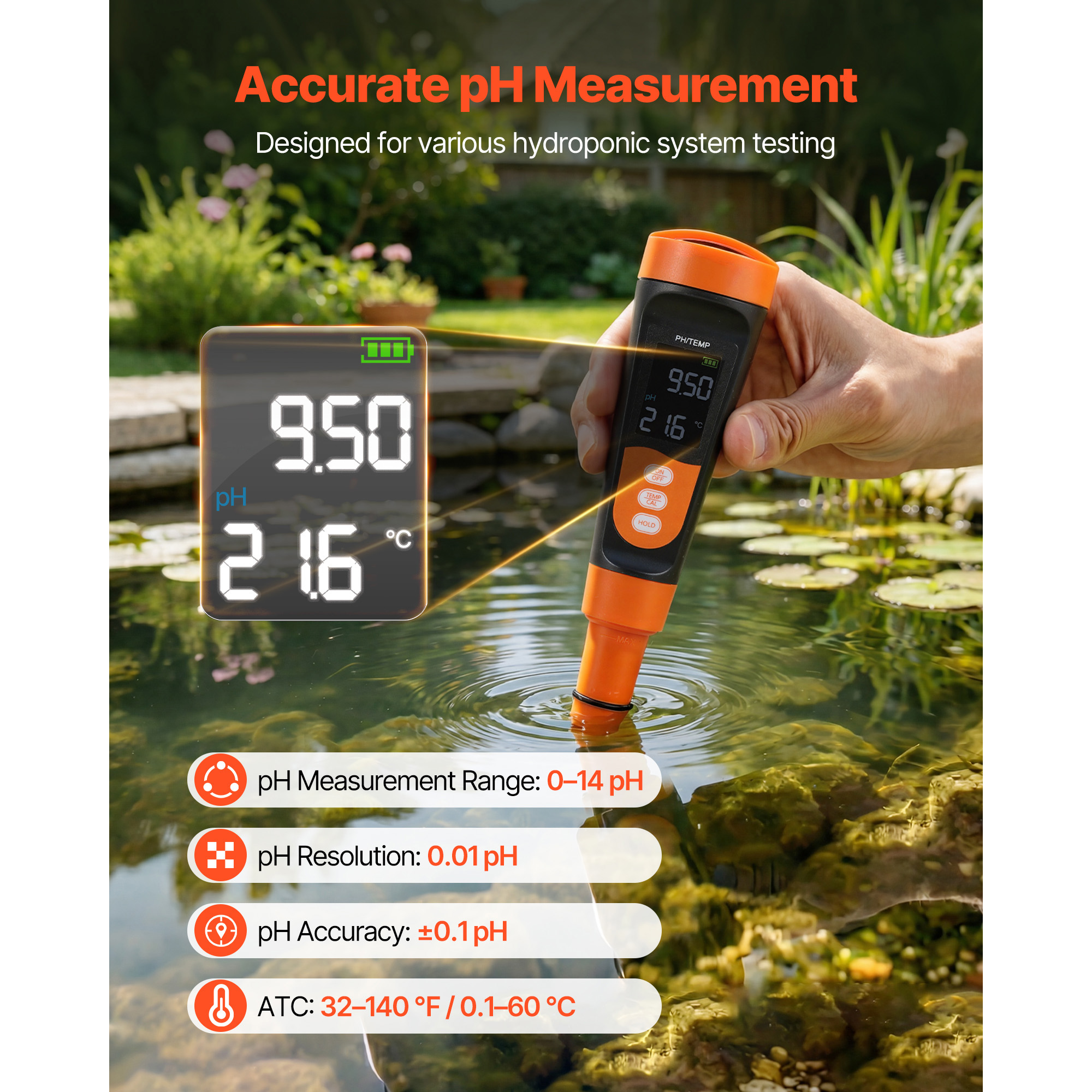 Medidor de pH, Rango 0-14 pH, Probeta IP68 Impermeable, Kit de Prueba de Bolsillo con Paquetes de Polvo de Calibración, Pantalla VA, Para Análisis de Calidad del Agua para Bebida, Hidroponía y Acuario — imagen 5