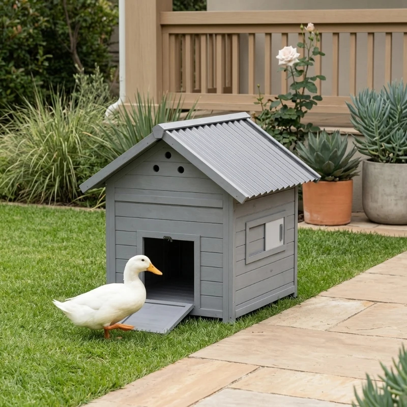 Duck Coop, Wooden Duck House With Openable Roof & Double Doors, Light Gray — image 2