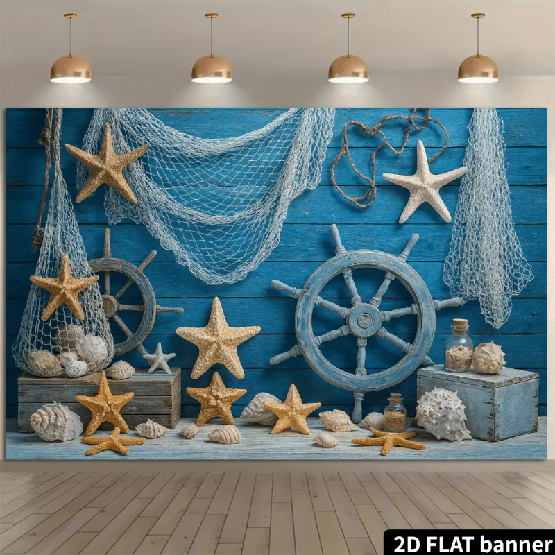 Tapiz de Pared con Temática Náutica 2D, Estandarte Plano 2D, Concha de Mar, Estrella de Mar, Timón de Barco, Decoración Oceánica, Casa de Playa, Sala de Estar — imagen 2