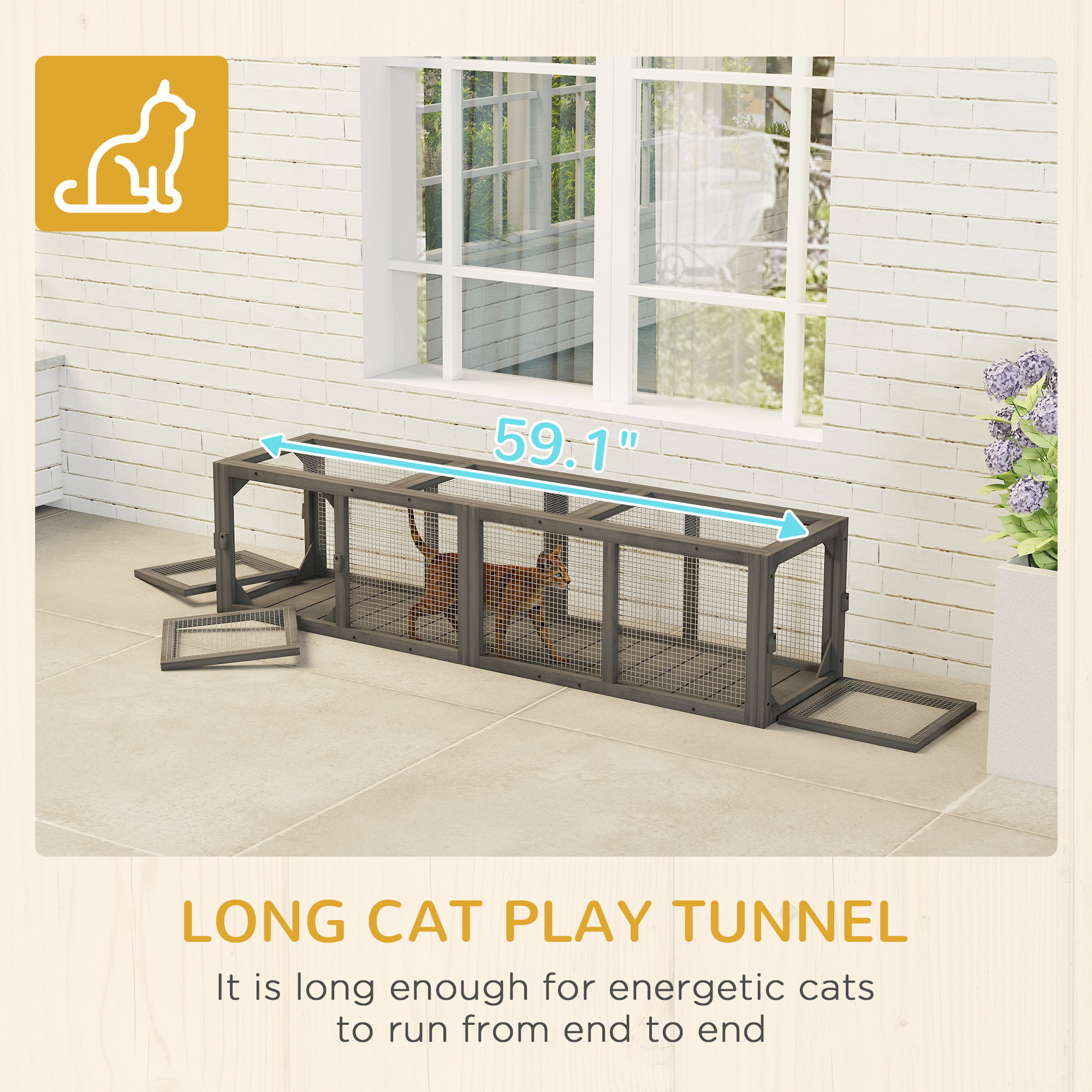 Outdoor Cat Tunnel, 59" Wooden Play Cat Enclosure, Extendable Pet Run with 3 Doors for Kitty, Puppy, Gray — image 2