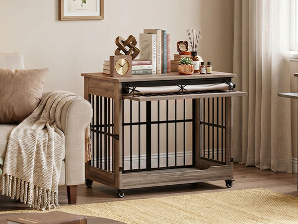 Dog Crate Furniture, Double Door Wooden Indoor Dog Kennel Furniture, Decorative Pet Cage End Table With Wheels For Large And Medium Breed Dogs, Size L, Greige — image 35