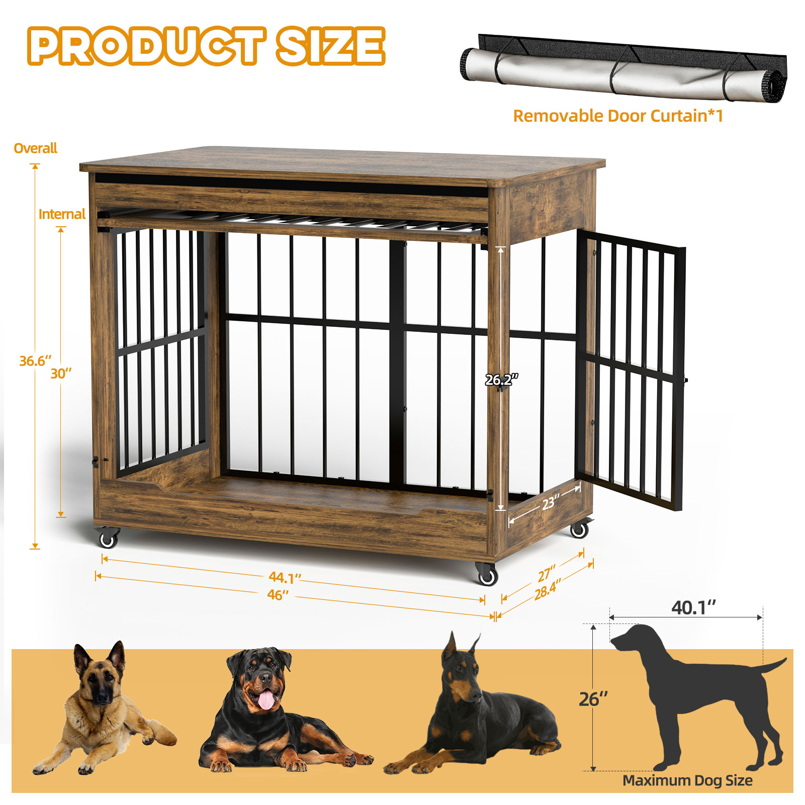 Large Dog Crate Furniture, Double Door Wooden Indoor Dog Kennel Furniture, Decorative Pet Cage End Table With Wheels For Extra Large Breed Dogs, Size 2XL, Greige — image 4