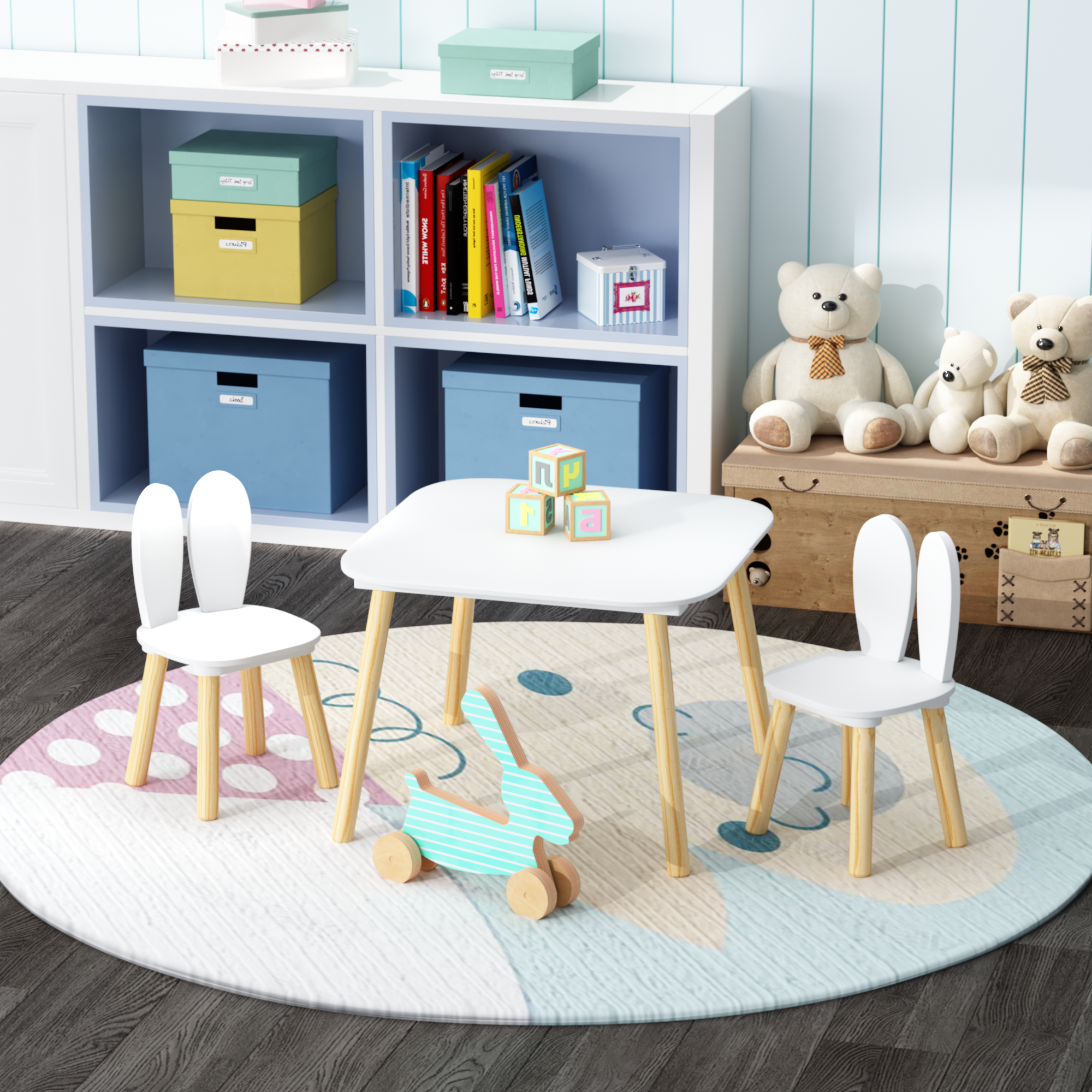 Conjunto de Mesa y 2 Sillas para Niños, 3 Piezas - Mesa Temática Conejo para Bebés con Sillas de Orejas de Conejo, Mueble de Actividad para Pequeños en Madera Toda, Pintura Blanca — imagen 2