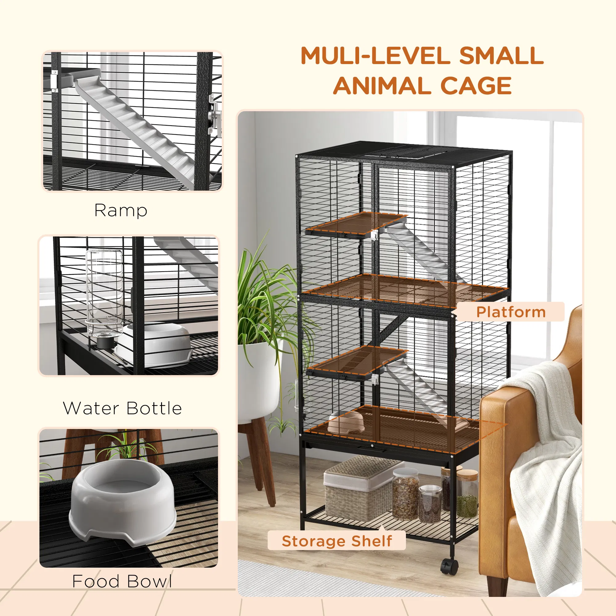 Rolling Small Animal Cage 53.5"H Chinchilla Cage for Ferrets, Squirrels w/ Removable Tray, Storage Shelf, Black — image 5