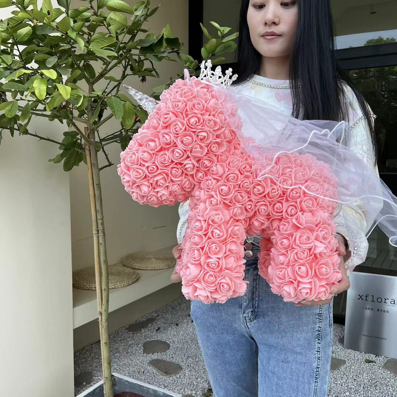 Regalo de oso de espuma de rosa de unicornio con flor eterna para San Valentín, cumpleaños y Qixi — imagen 5