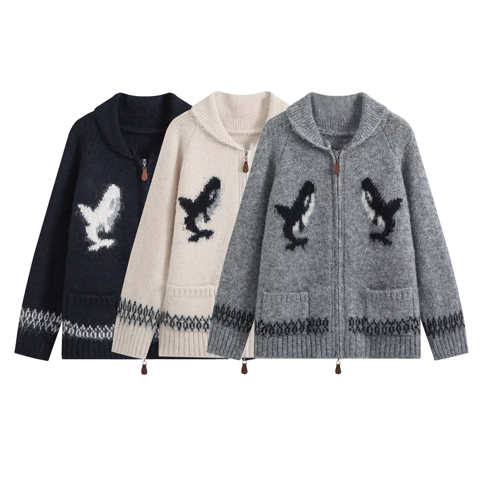 Double zipper shark jacquard embroidered knitted sweater jacket for women — image 1
