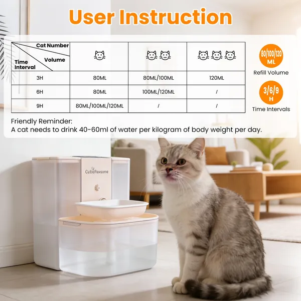 Filtro de Agua Inteligente para Mascotas, Regurgitador Automático para Gatos con 4.5L Capacidad Sin Cable Recargable, Dispensador de Agua para Perros con Auto-Reabastecimiento y 3 Niveles de Volumen, 3 Intervals de Tiempo, Control Remoto y Cepillo de Limpieza — imagen 3