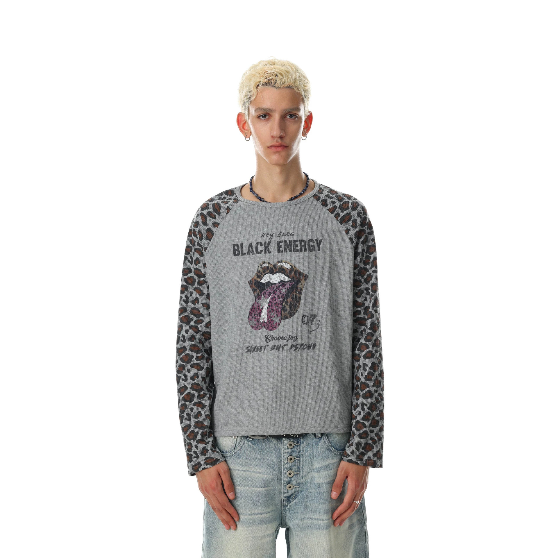 Leopard Print Raglan Long Sleeve T-Shirt Unisex Lips Letter Print Casual Top — image 5