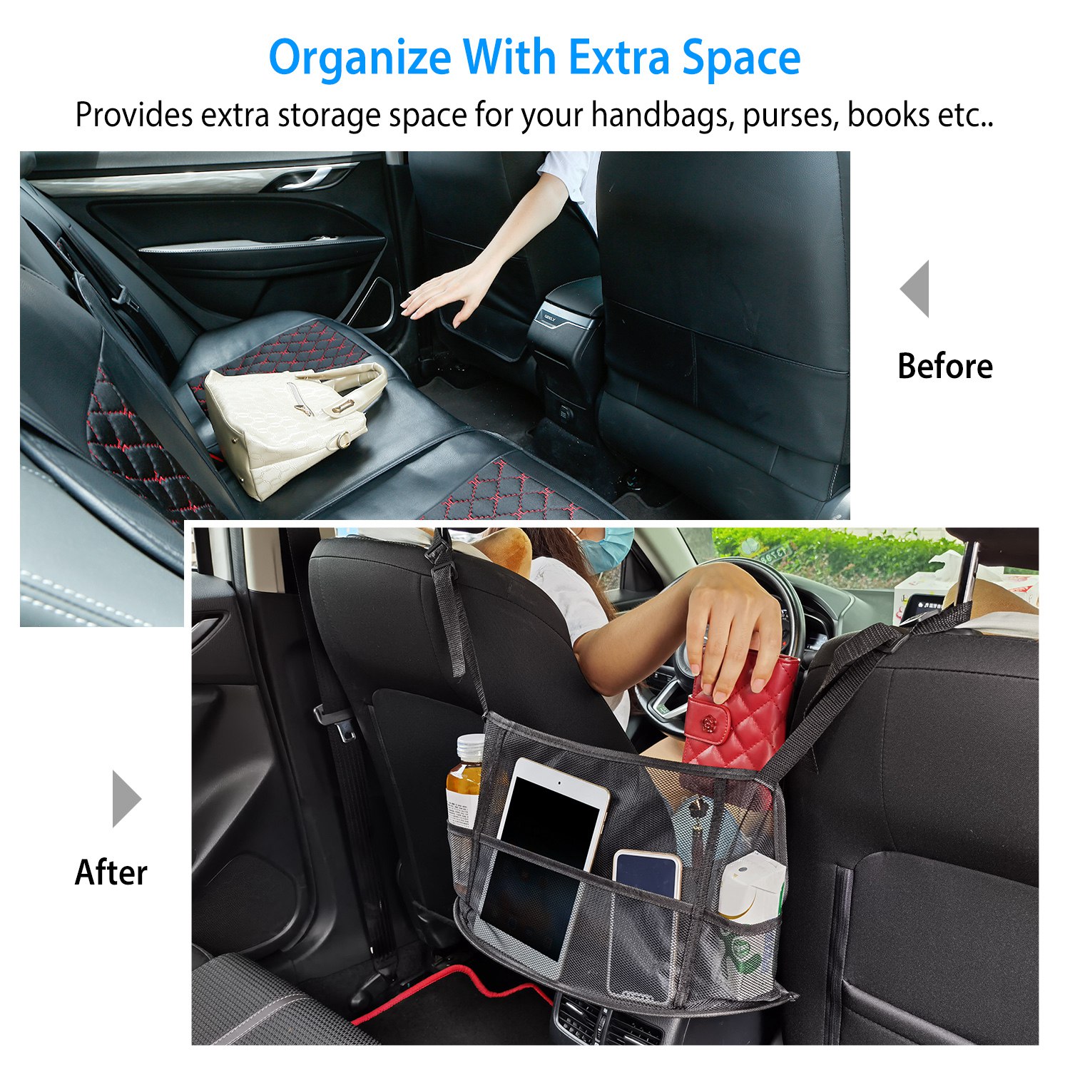 Car Net Pocket Handbag Holder Car Storage Netting Pouch Seat Side Storage Mesh Organizers Bag For Purse Phone Documents Barrier Pets Kids At Backseat — image 2