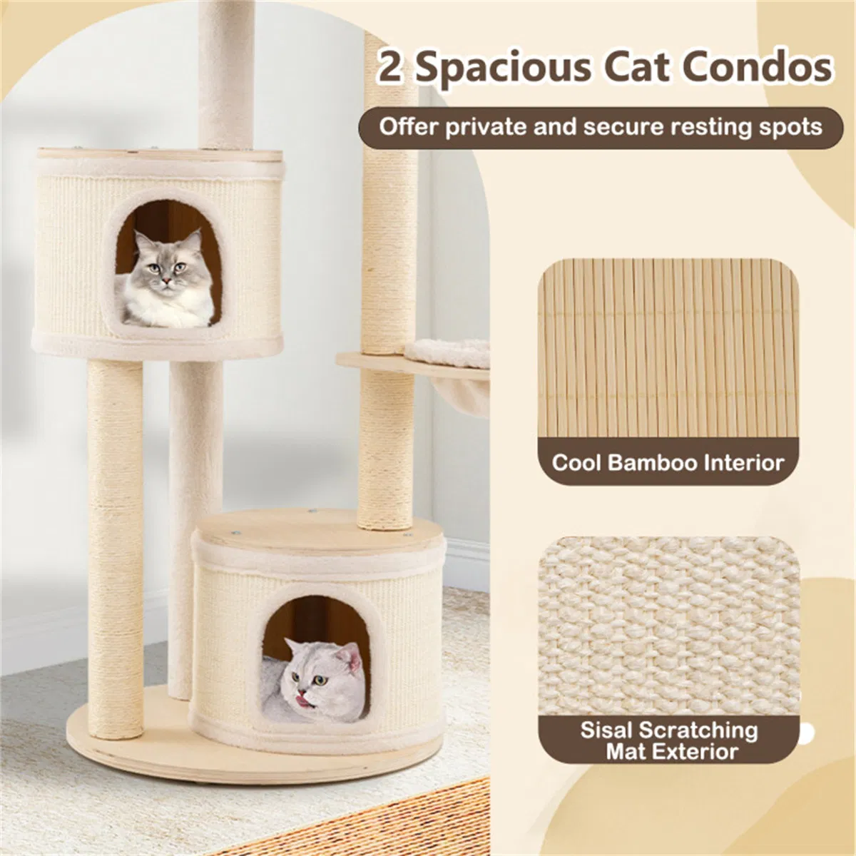 Tall Wooden Cat Tree Multi-Level Cat Tower with Sisal Scratching Posts & Condos for Indoor Cats, Natural — image 8