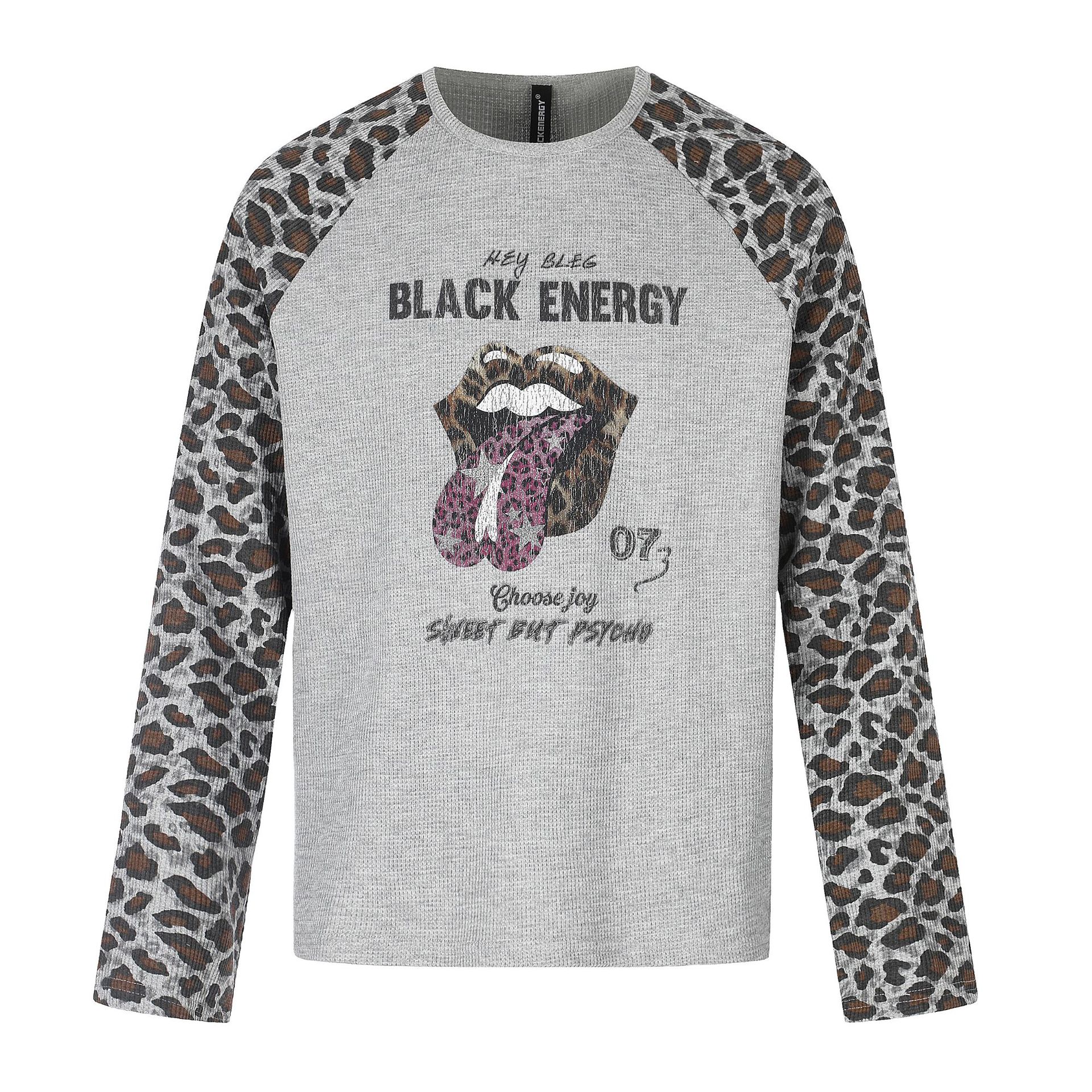 Leopard Print Raglan Long Sleeve T-Shirt Unisex Lips Letter Print Casual Top — image 1