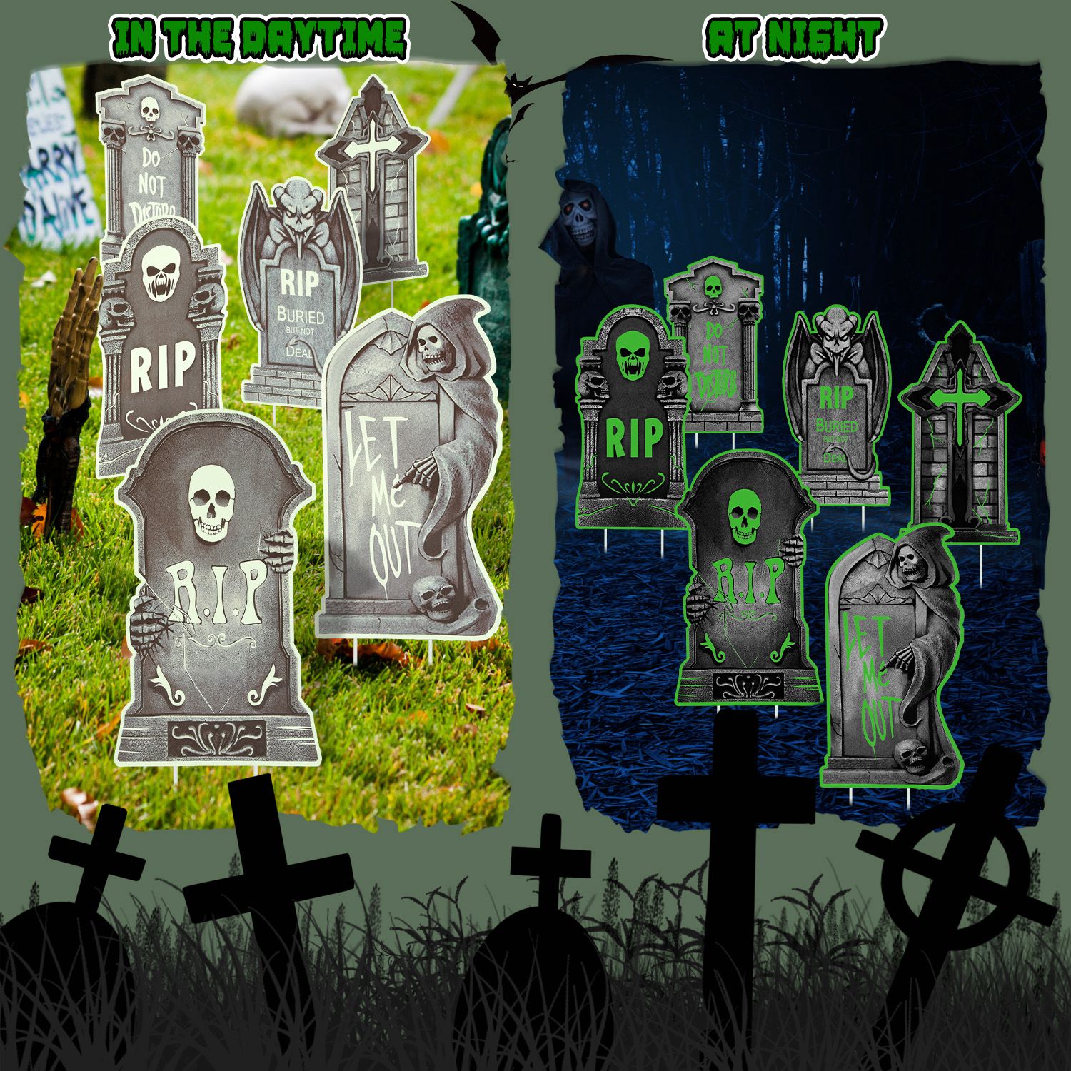 Decoraciones de Jardín para Halloween: 6 Calaveras, 6 Tumbas o 5 Gatos Negros, Brillan en la Oscuridad, para Casa Embrujada, Jardín, Patio y Fiestas de Temática Terrorífica — imagen 21