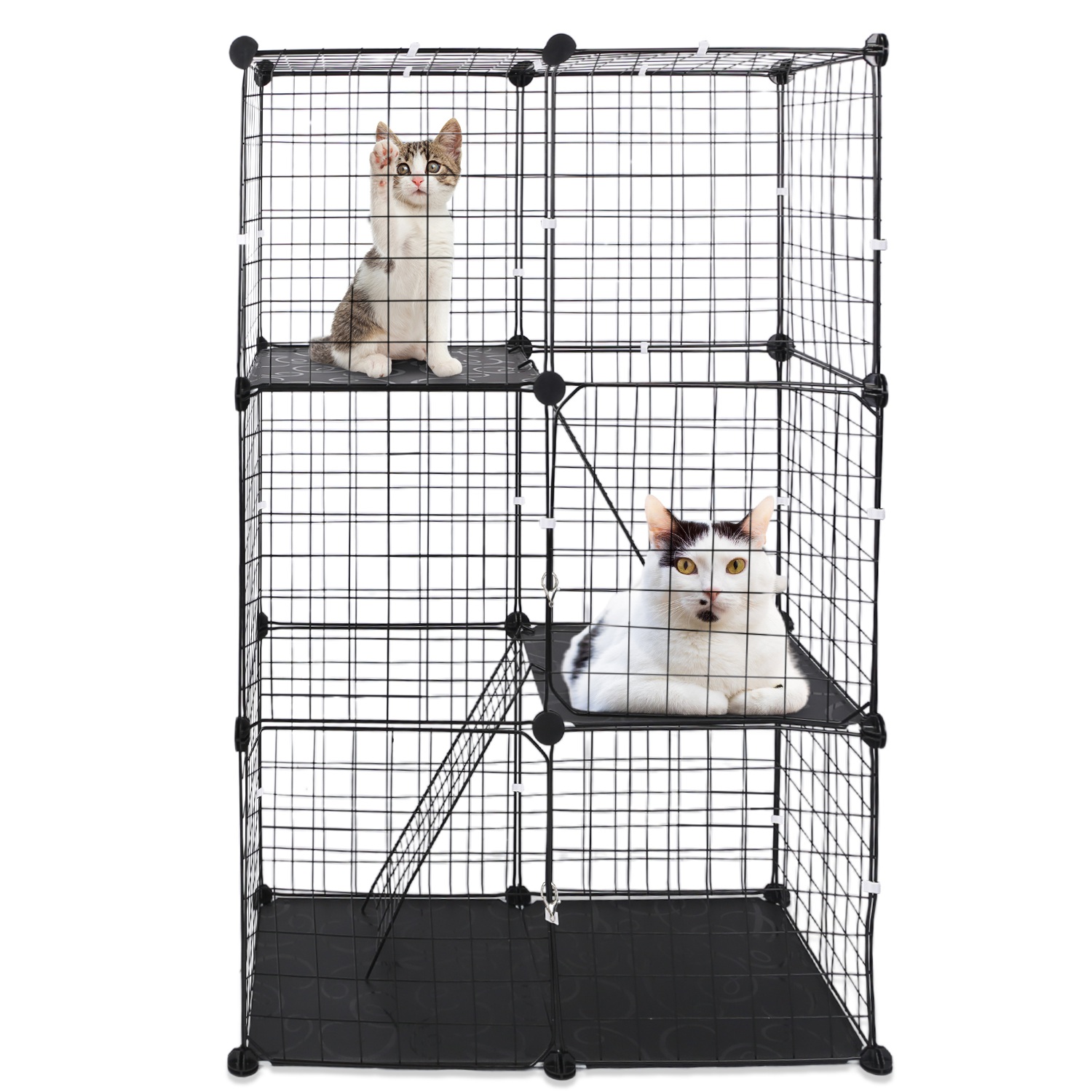 Jaula/Corral Metálico para Gatos de 3 Niveles, Casa Desmontable para Gatitos con 3 Puertas y 2 Escaleras, Amplio Espacio de Ejercicio para 1-2 Gatos, Negro — imagen 10
