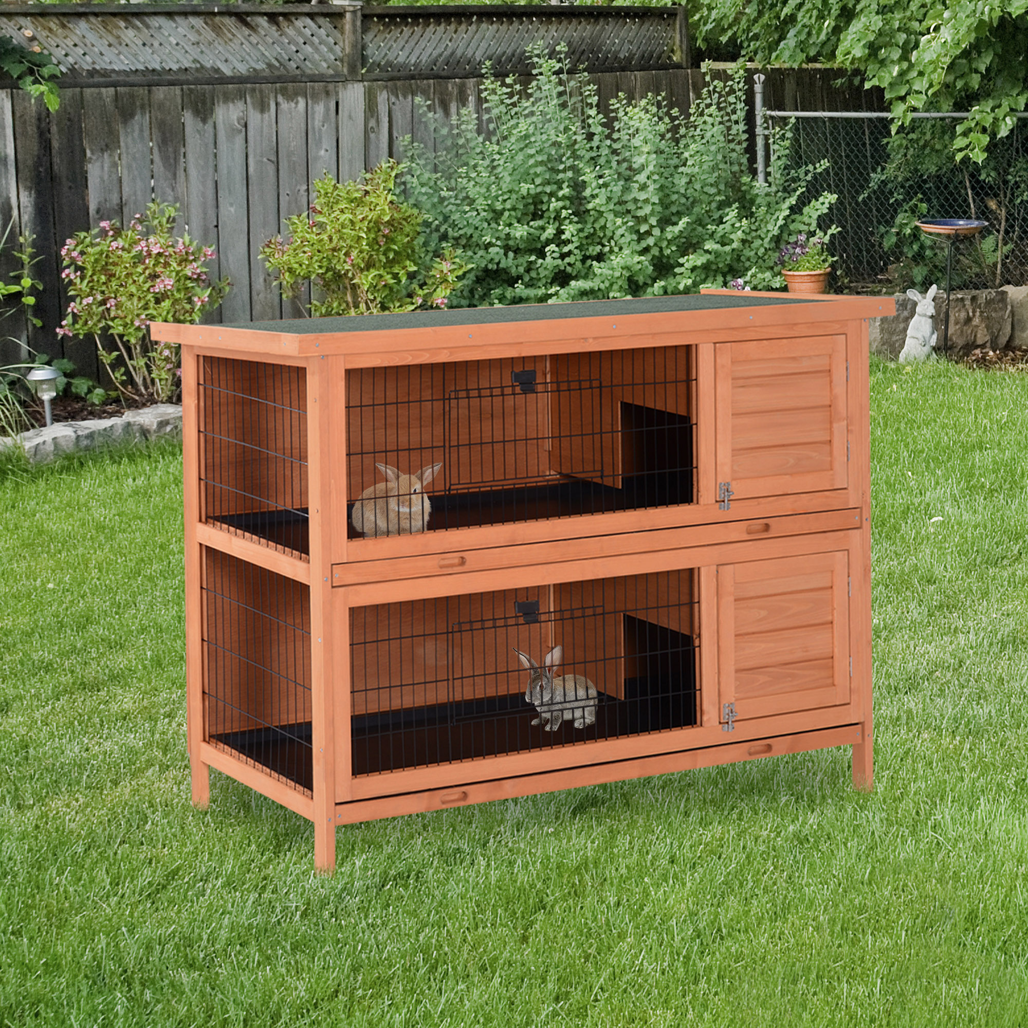 54" 2-Story Large Rabbit Hutch Bunny Cage Wooden Pet House Small Animal Habitat Lockable Doors, Tray, Roof, Orange — image 1
