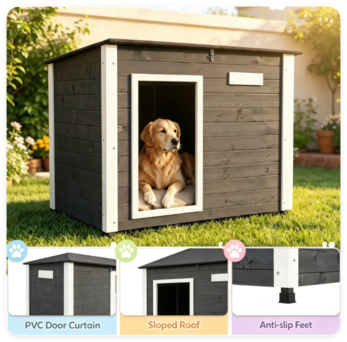 42.5" x 27" x 33.5" Outdoor Dog House with Sloped Asphalt Roof, Elevated Floor & Openable Roof Weatherproof Pet Kennel with PVC Door Curtain for Medium Large Dogs Gray — image 7