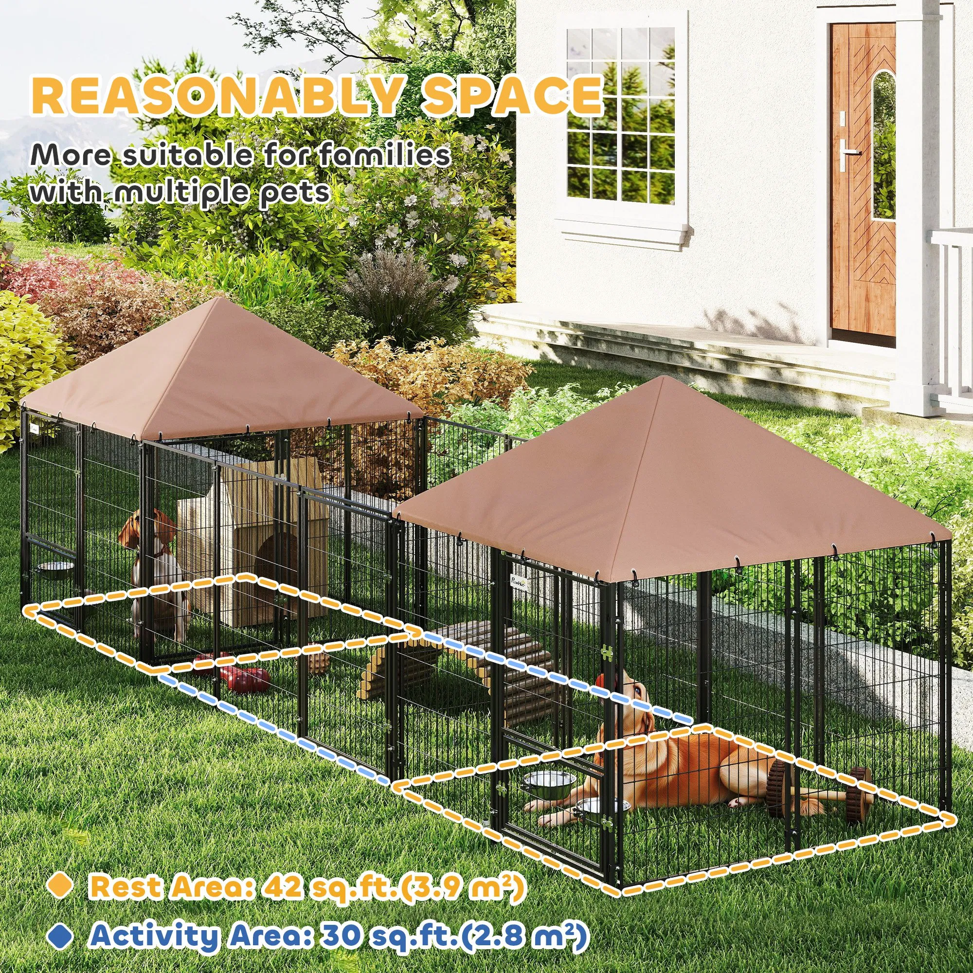 Outdoor Dog Kennel with 2 Rooms, Rotating & Adjustable Height Bowls, Waterproof UV-Resistant Cover, 16.2' x 4.7' x 5.1' — image 2