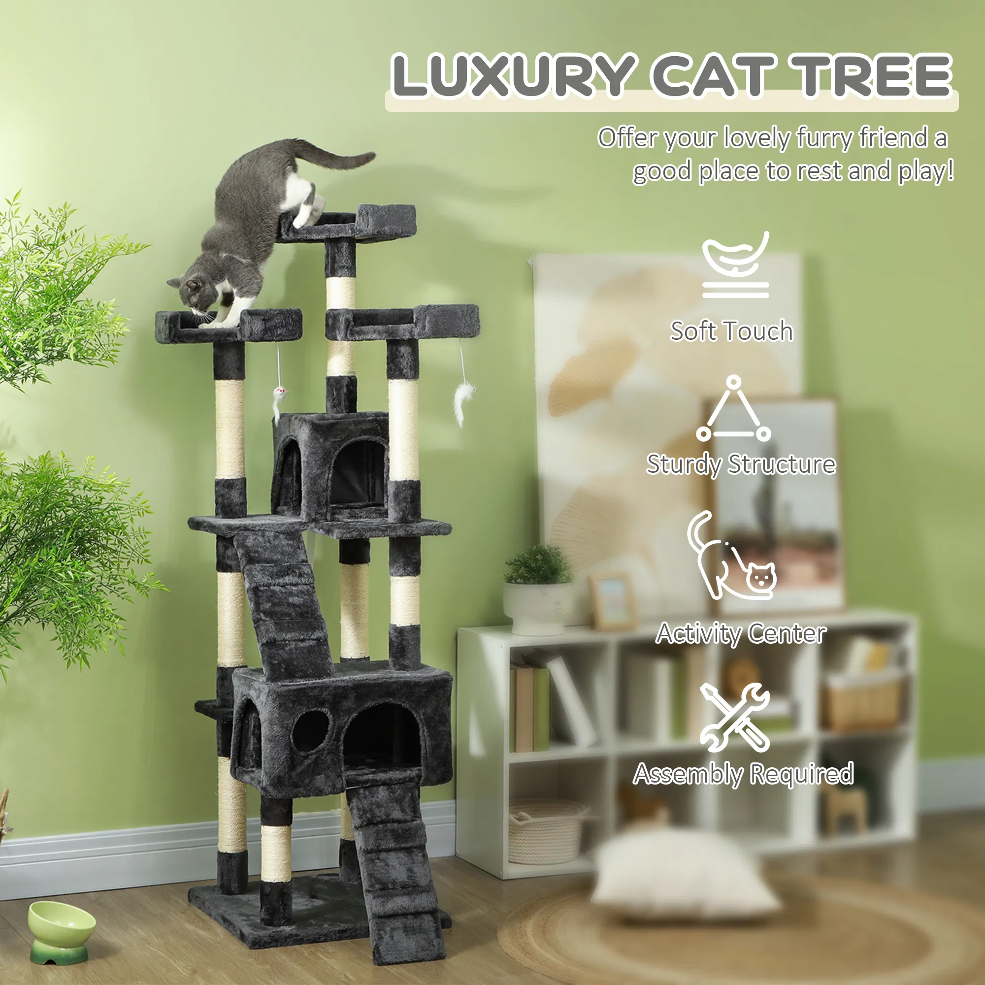 68-inch Multi-Level Cat Scratching Tree Kitty Activity Center Post Tower Condo Pet Furniture w/ Toy Grey — image 5