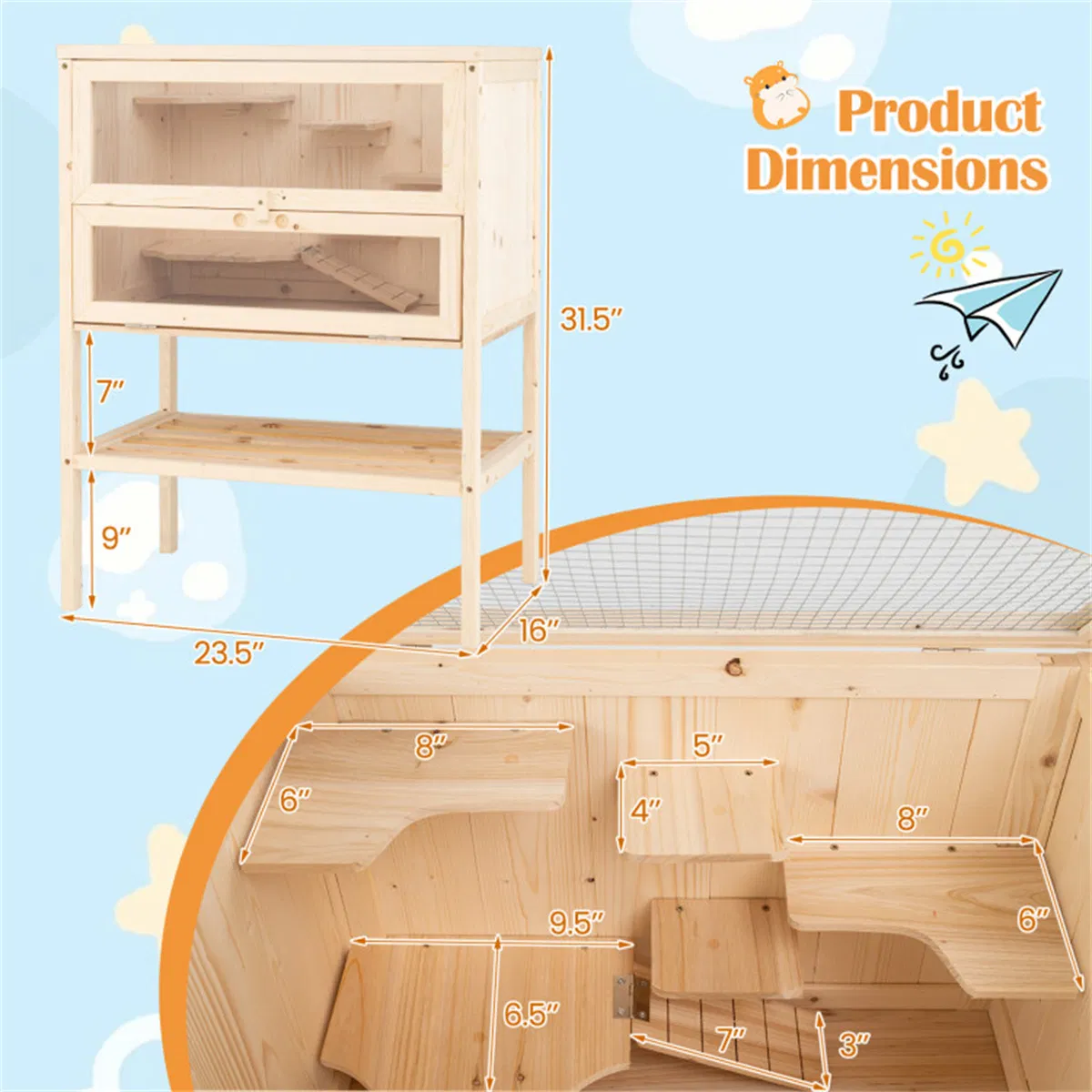 31.5 " Fir Wood Hamster Cage with Flip Mesh Roof, Multi-Level Activity Areas & Bottom Storage Shelf — image 5
