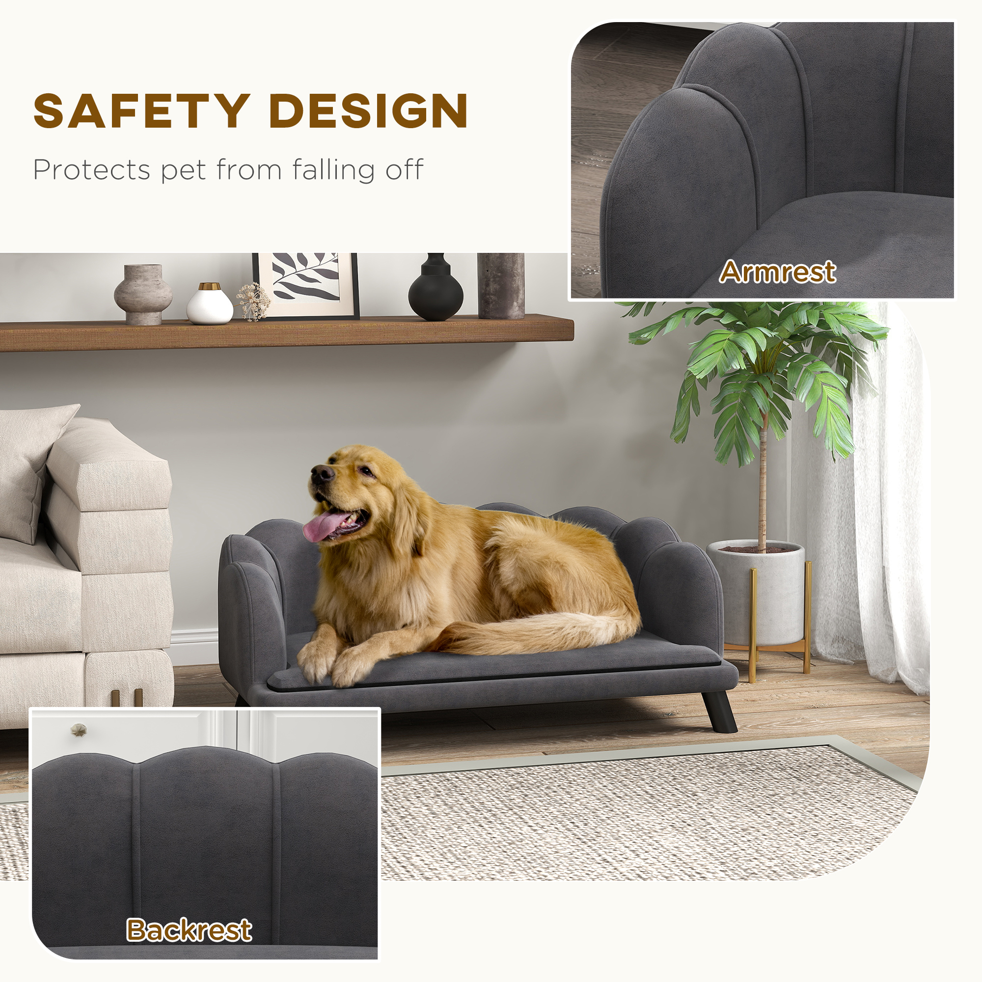 Pearl Design Pet Sofa for Medium and Large Sized Dogs, Pet Bed with Cushion and Solid Wood Legs, Charcoal Gray — imagen 3