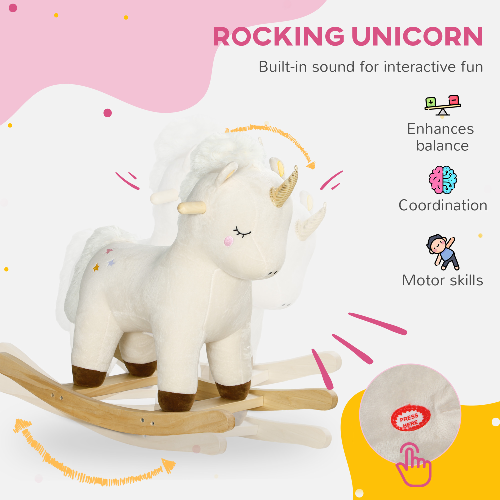 Caballo de Roca para Niños, Poni Unicornio con Sonidos Realistas & Base de Madera para Edad 2-4, Blanco — imagen 4