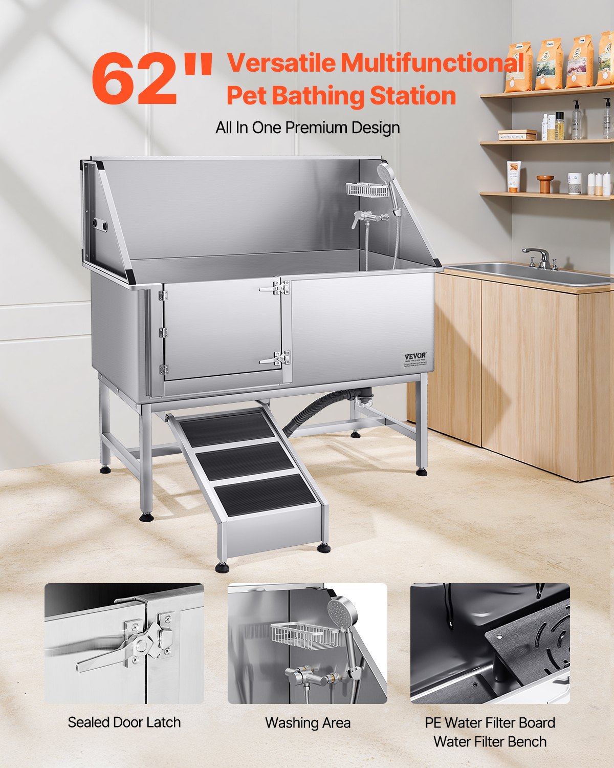Dog Grooming Bath Tub Stainless Steel W Ramp Water Filter Left — image 3