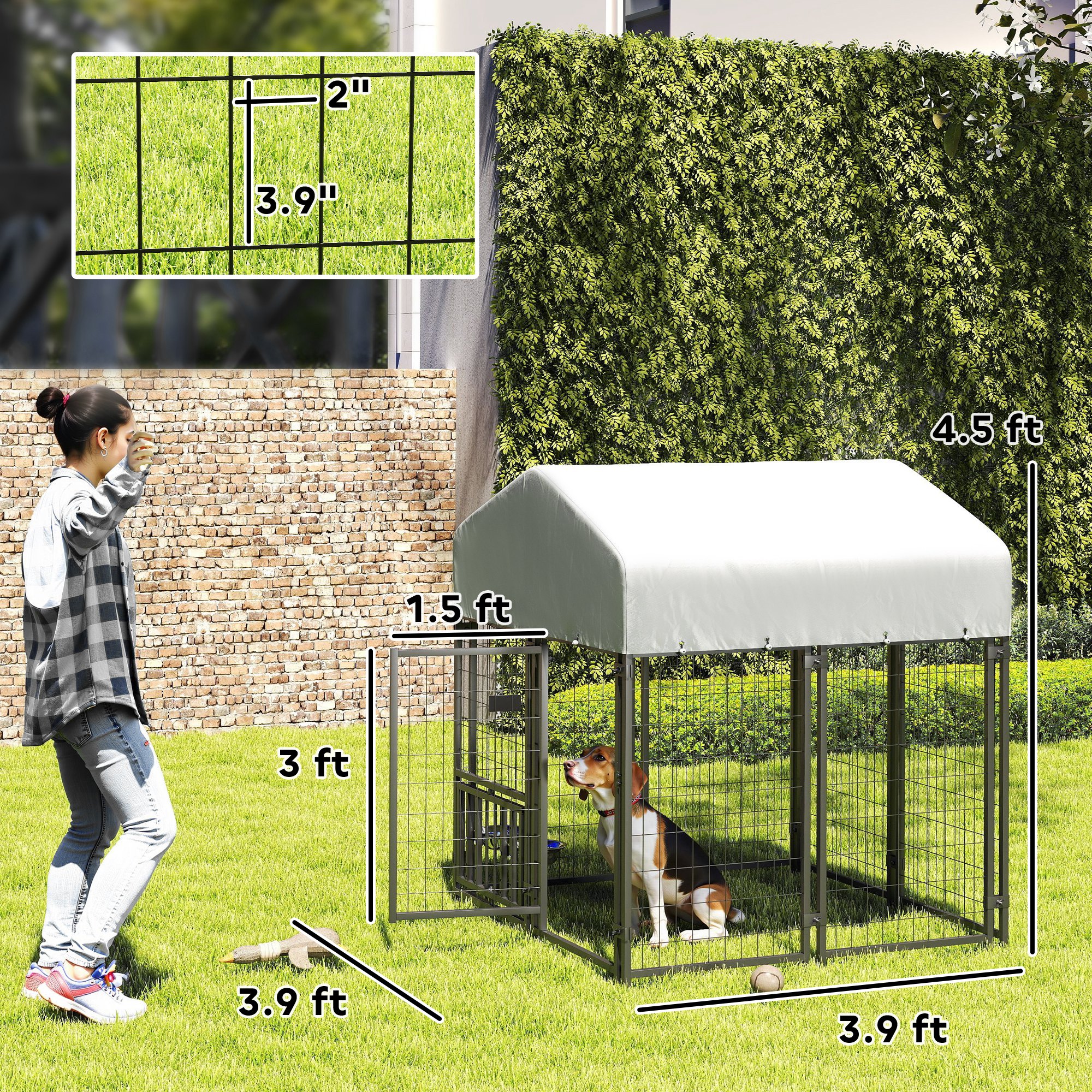 Welded Wire Outdoor Dog Kennel With 360 Rotating & 4 Levels Adjustable Bowls, Waterproof Cover, 3.9 X 3.9 X 4.5 — image 6