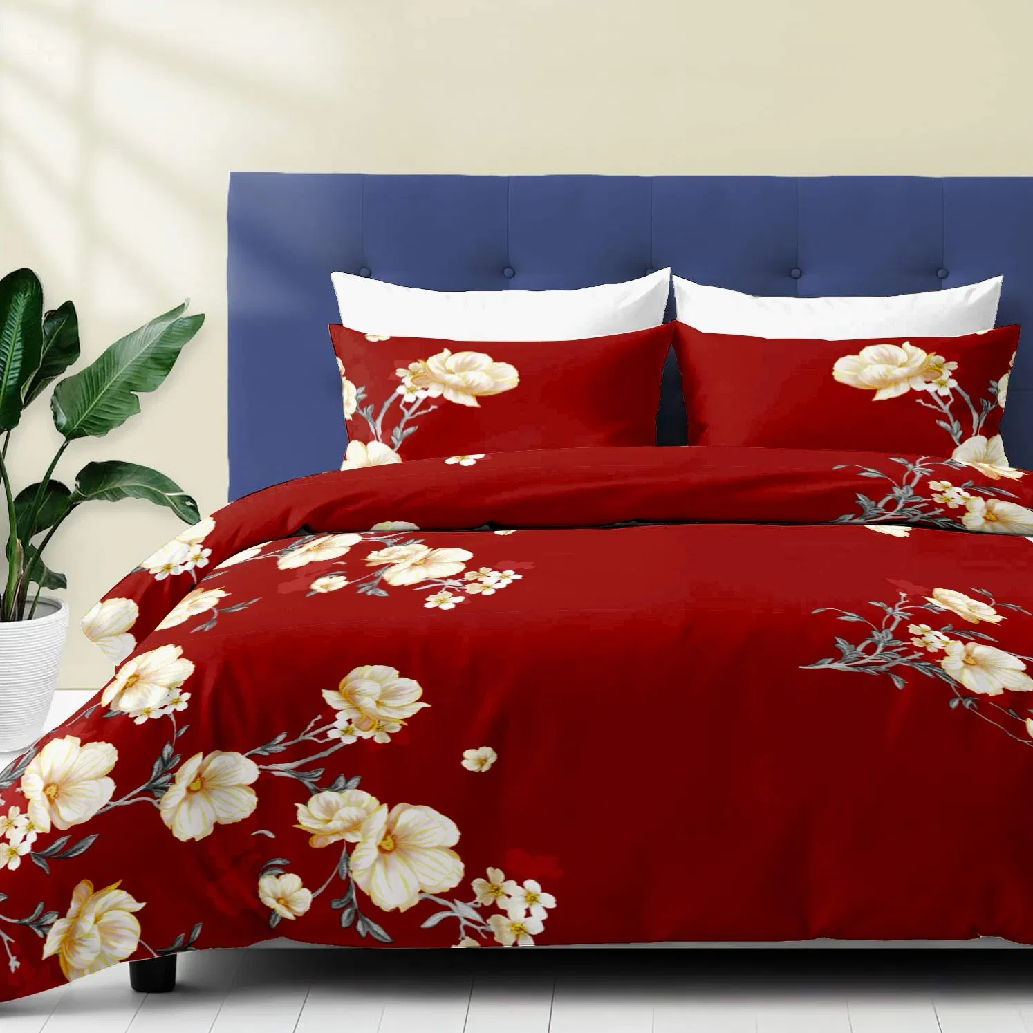 9-Piece Burgundy Red Floral Bedding & Curtain Combo Set, Elegant Wine Red Quilted Bedspread with 6 Light Filtering Window Panels & 2 Shams, Easy Care Microfiber Coverlet, Pet Friendly — image 2