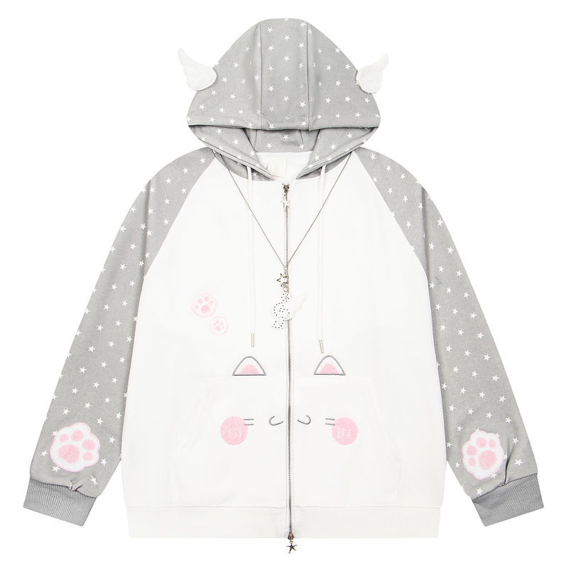 Cute cat face embroidered coat with gray and white color blocking — image 5