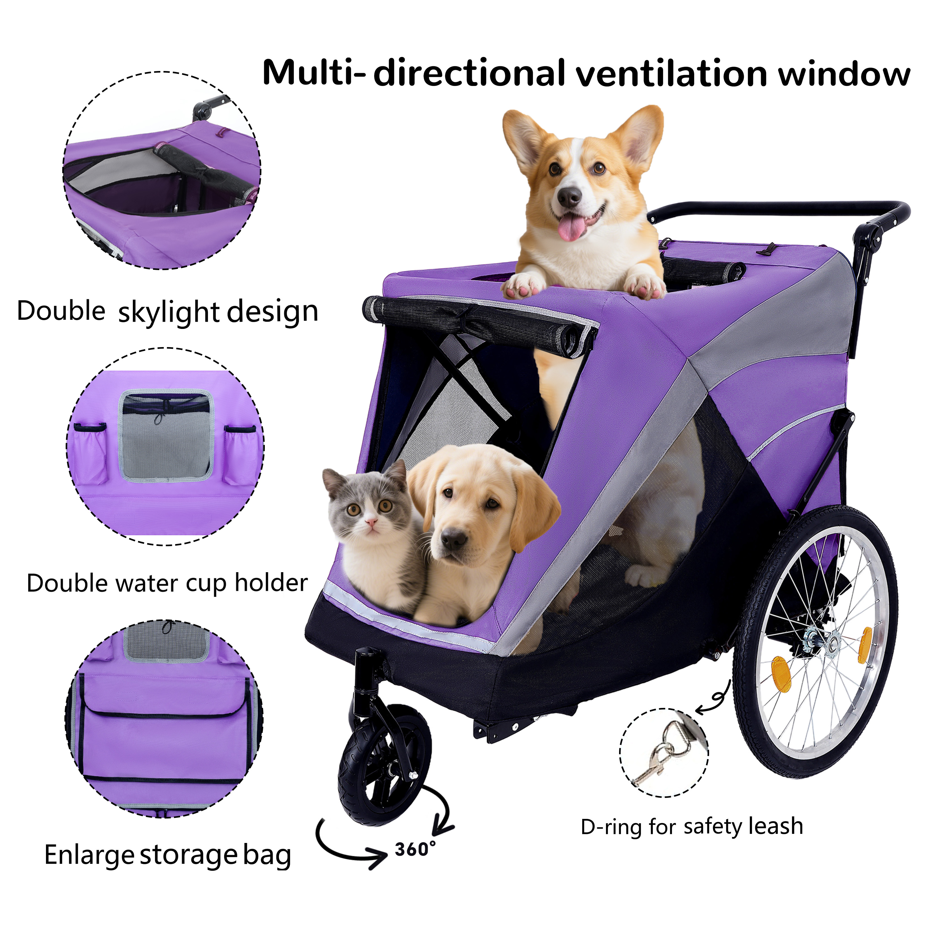 Remolque de Bicicleta y Carrito de Empuje 2 en 1 para Mascotas - Incluye Enganche de Bicicleta Desmontable y Mango de Empuje - Rueda de Liberación Rápida, Correa Interna, Doble Portavasos y Bolsa de Almacenamiento Inferior, Soporta Mascotas de Hasta 100 lbs — imagen 11